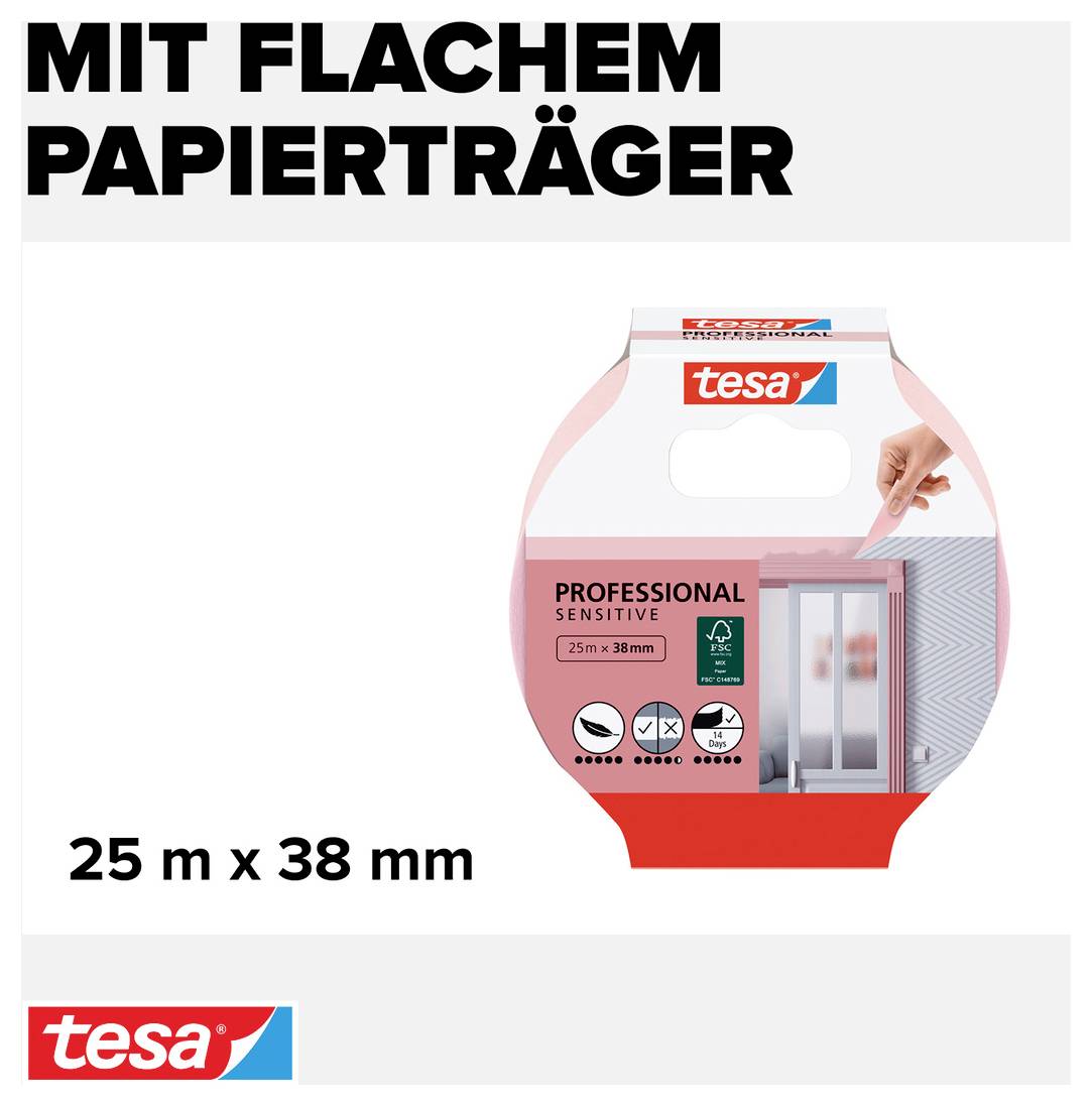 Balení tesa Professional Sensitive pásky, 25 m x 38 mm. Vhodné pro citlivé povrchy.