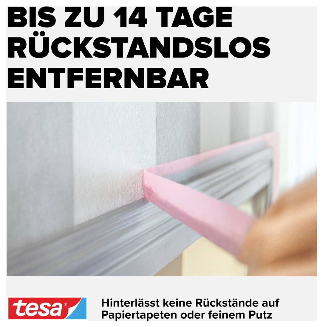 Ruka odstraňuje růžovou lepicí pásku tesa z jedné stěny. Text: 'Až 14 dní lze beze stop odstranit'.