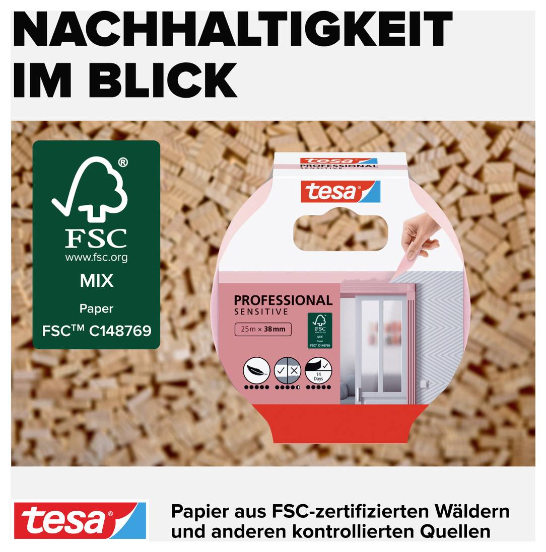 „Udržitelnost na první pohled" - Obal pro lepicí pásku tesa s certifikací FSC Mix, zdůrazňující environmentálně šetrné materiály z certifikovaných zdrojů.