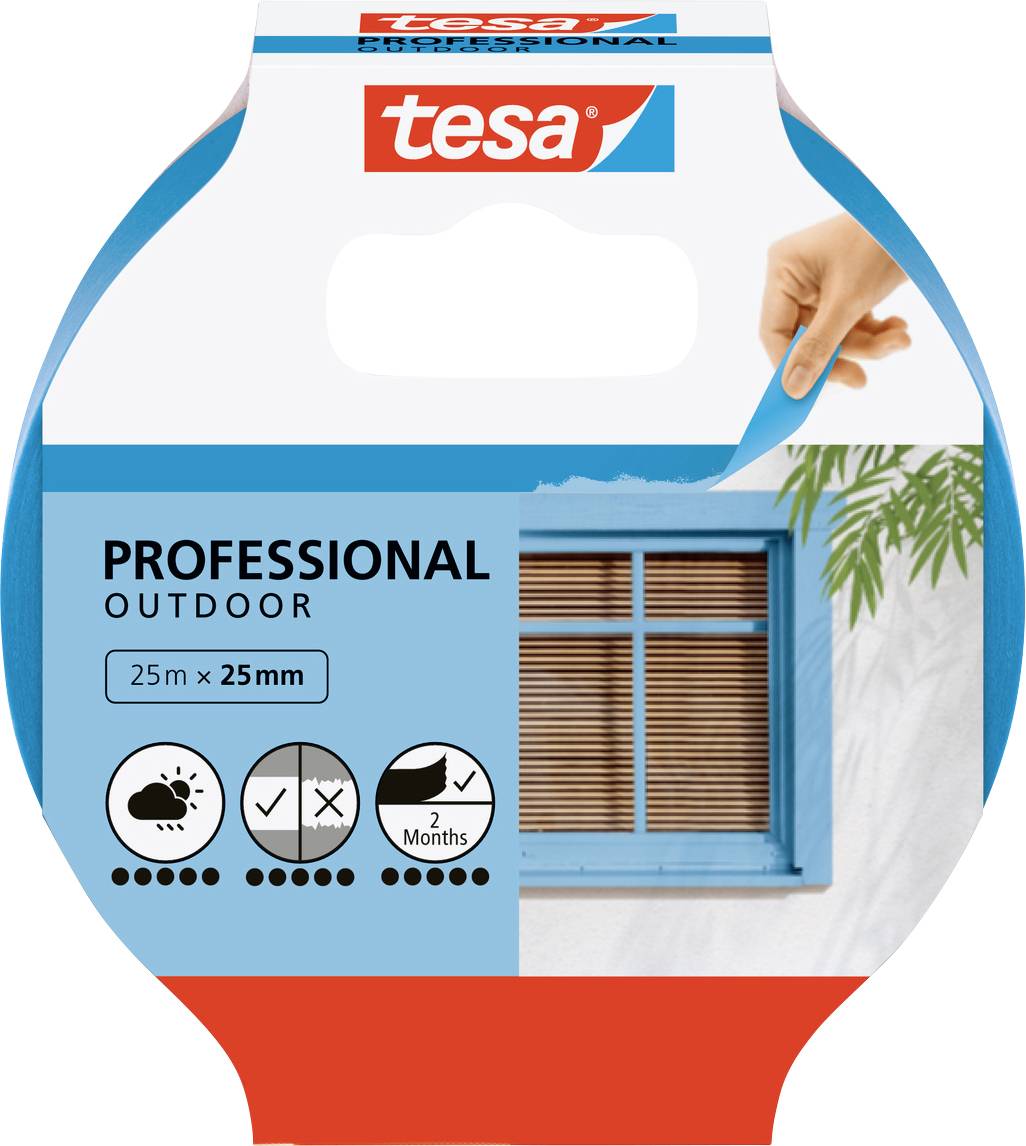 Balení pásky Tesa pro venkovní použití, zobrazující využití. Vlastnosti zahrnují odolnost vůči počasí, ochranu před UV zářením a trvanlivost až 2 měsíce.