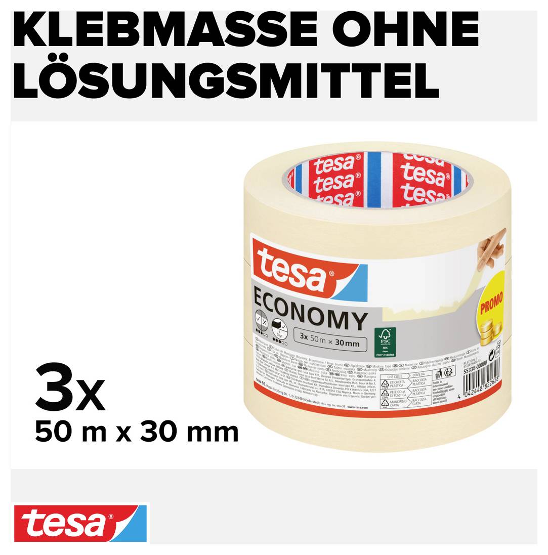 'Lepicí hmota bez rozpouštědel' se třemi rolemi lepicí pásky tesa Economy, každá dlouhá 50 m a široká 30 mm.