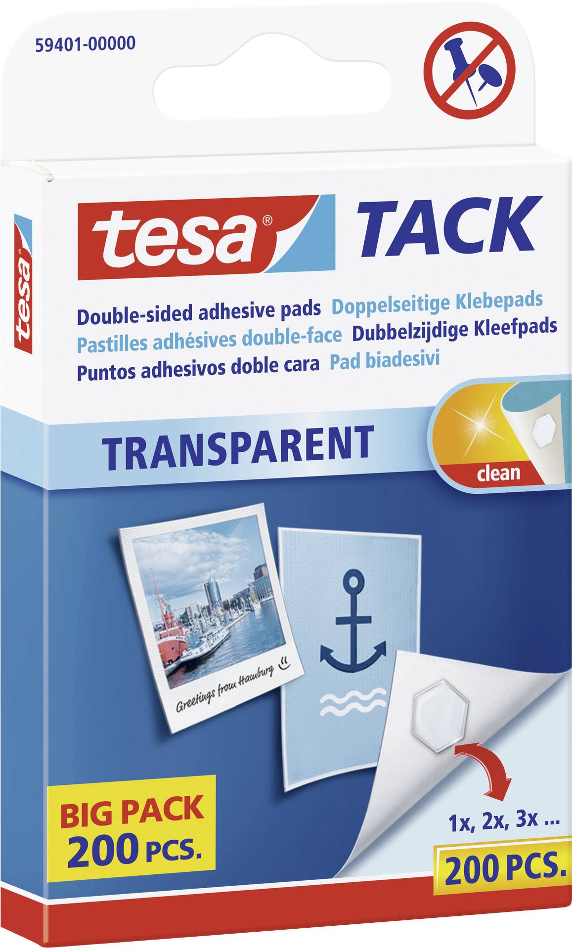 Balení transparentních oboustranných lepicích polštářků 'tesa Tack', 200 kusů. Obsahuje potisk a symboly pro použití.