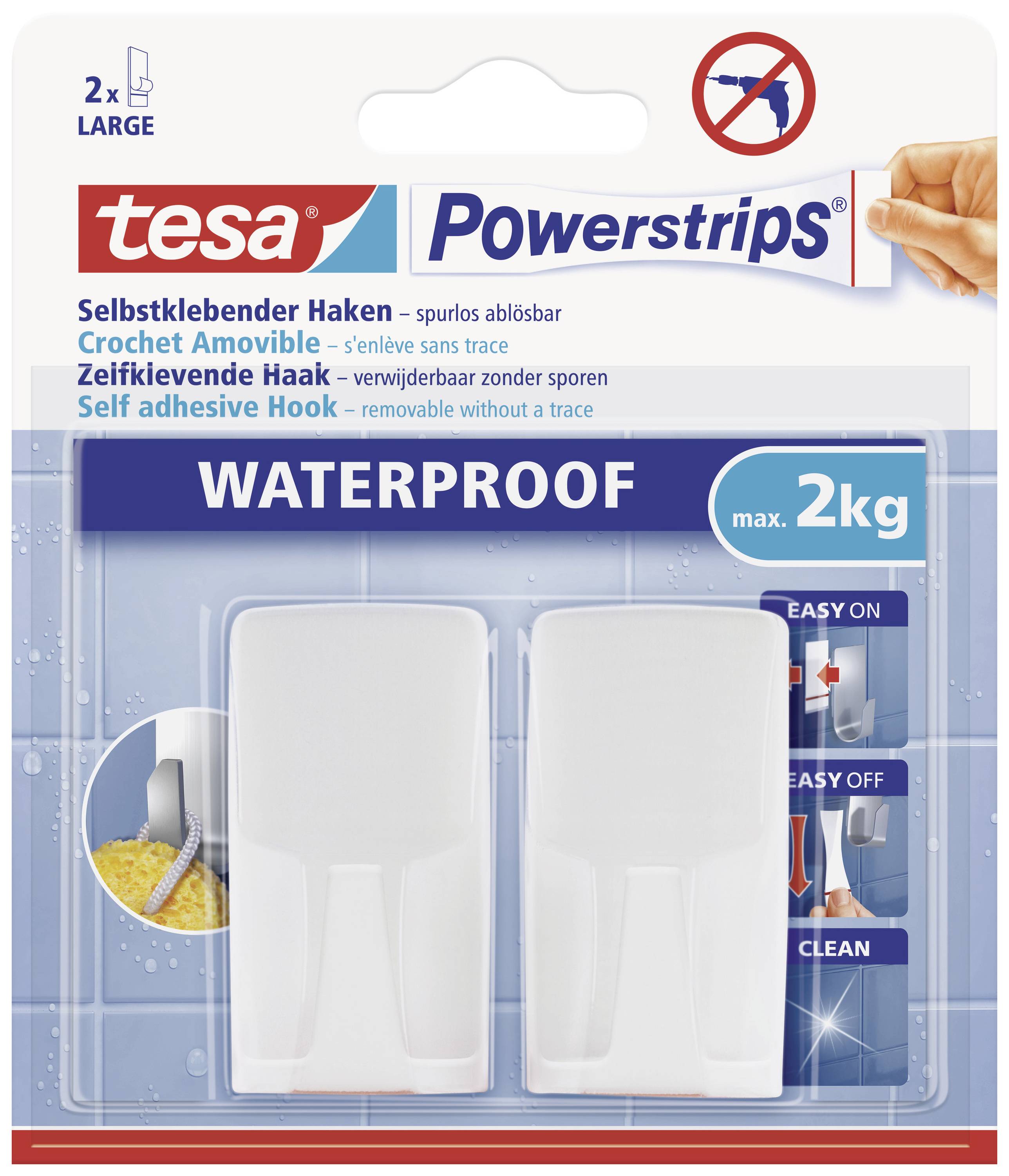 Balení tesa Powerstrips se dvěma voděodolnými samolepicími háčky, které unesou až 2 kg. Návod k použití zobrazen.