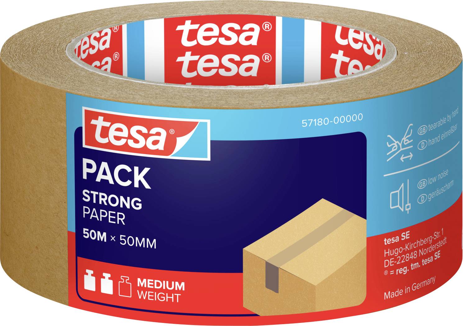 Role tesa Pack Strong papírové lepicí pásky. Štítky uvádějí "Střední váha", "50 m x 50 mm". Vhodné pro balení, vyrobeno v Německu.