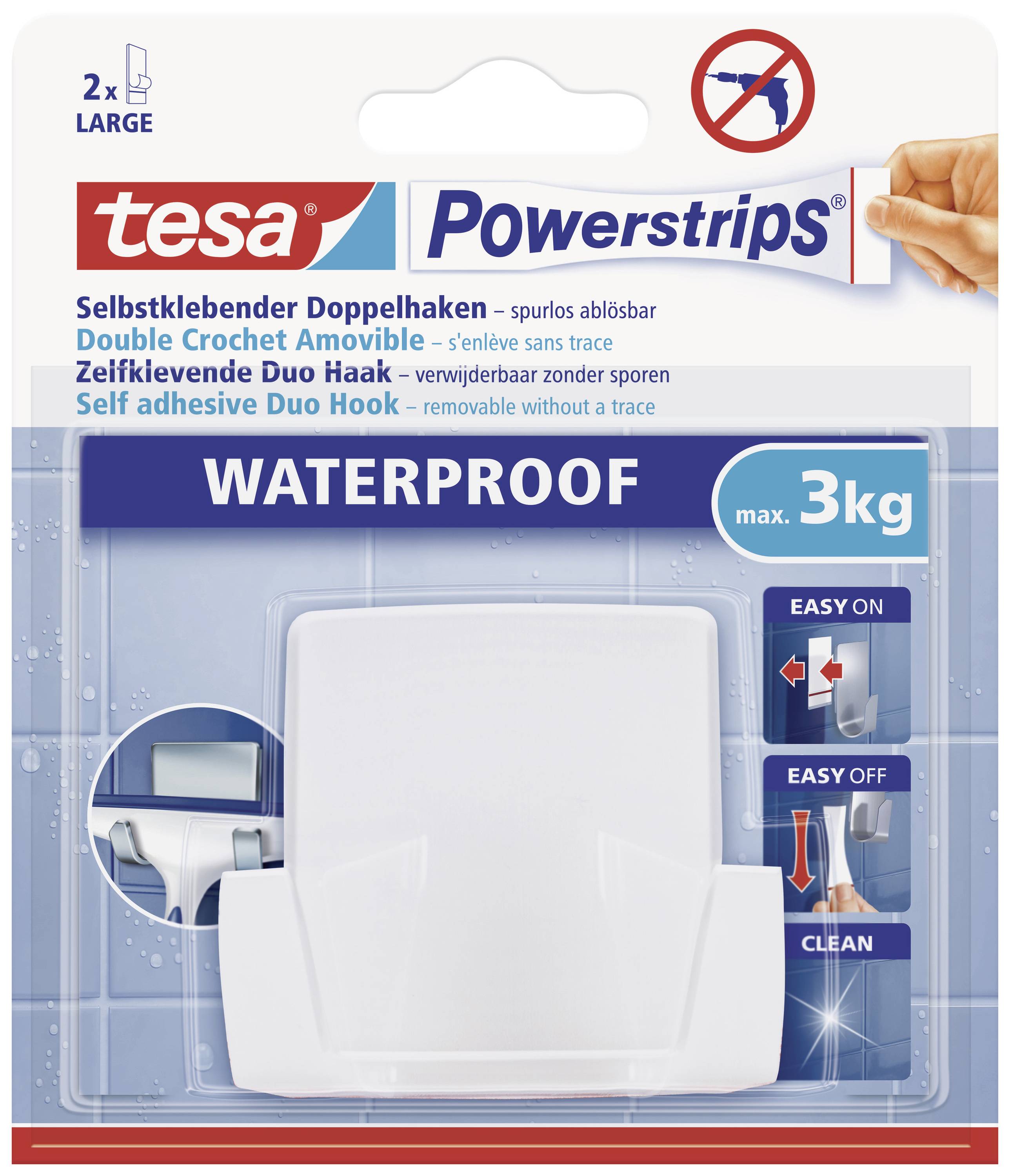 Balení tesa Powerstrips. Obsahuje voděodolný samolepicí dvojitý háček, který udrží až 3 kg. Lze odstranit bez zanechání stop.