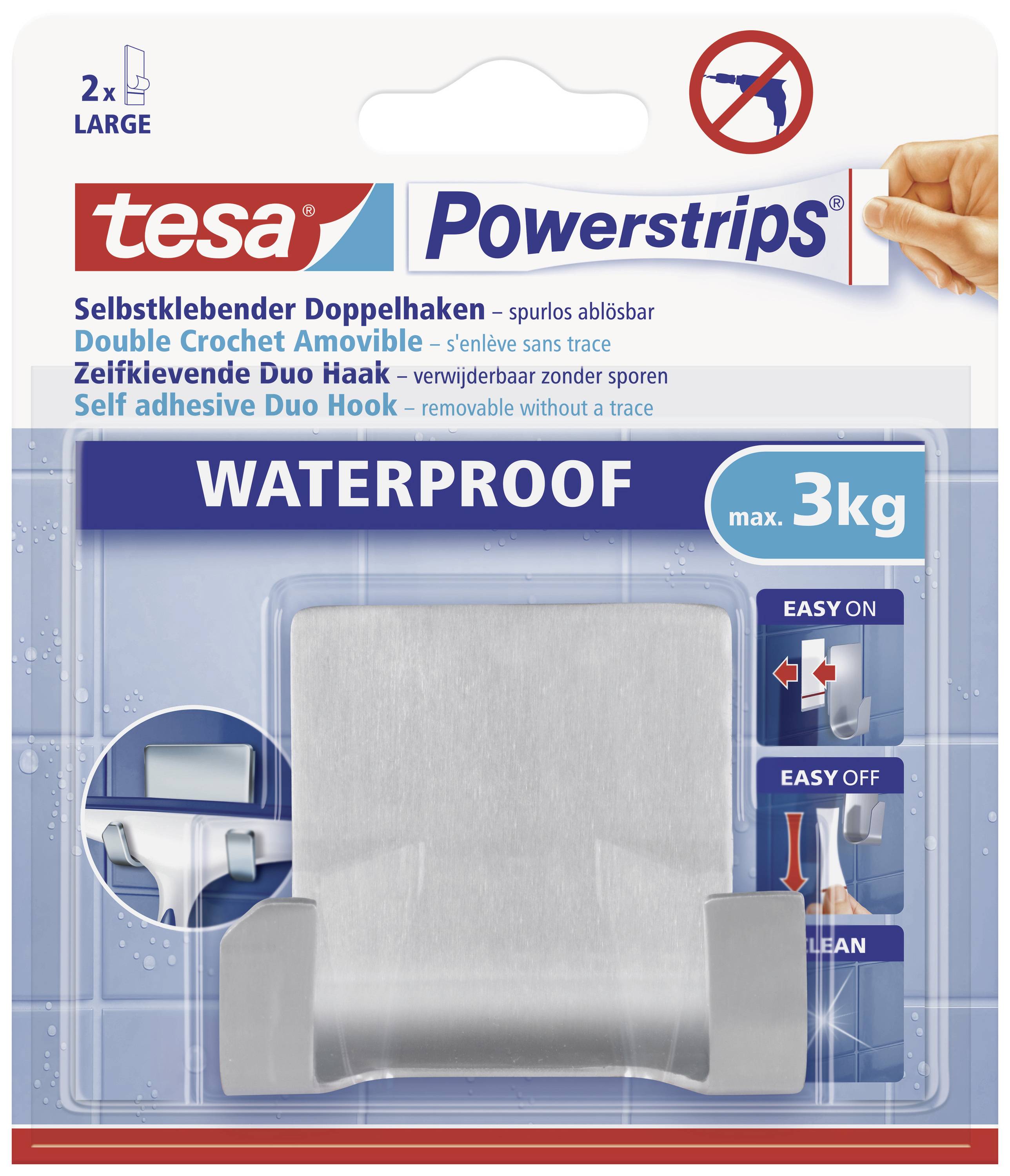 Balení Tesa Powerstrips, samolepicího dvojháčku, voděodolného, unese až 3 kg, bez poškození povrchu při odstranění.