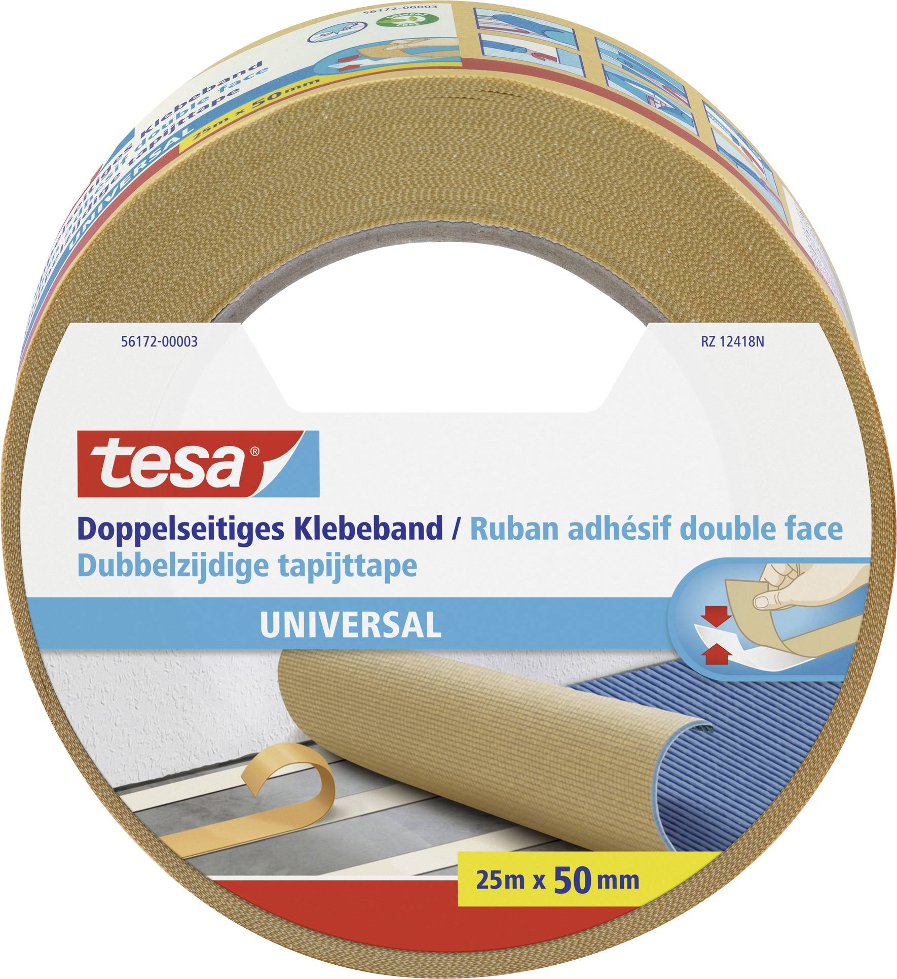 Oboustranná lepicí páska tesa, Univerzální, 25m x 50mm, na roli. Obal zobrazuje použití na podlahové ploše.