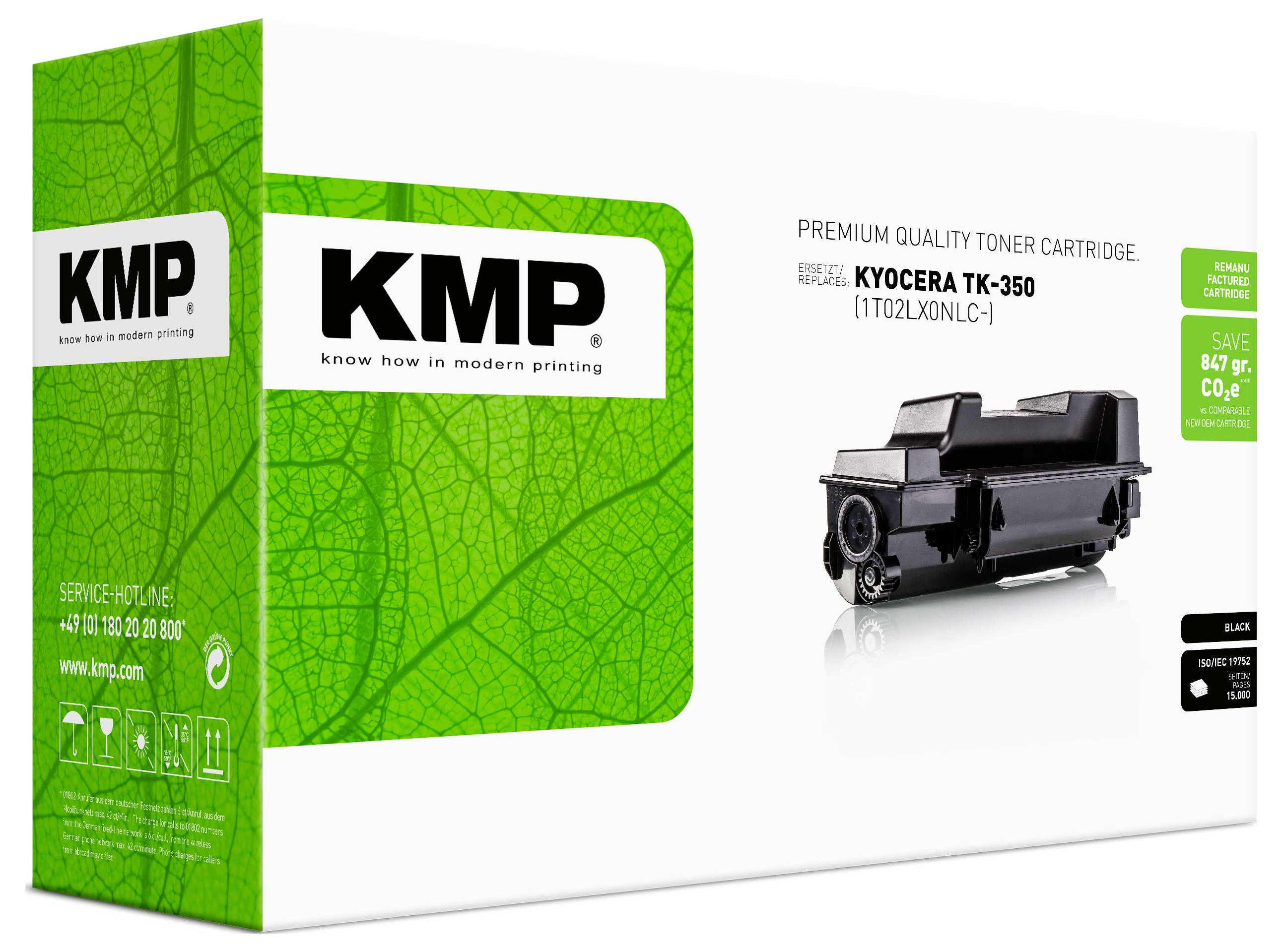 Balení tonerové kazety KMP prémiové kvality pro Kyocera TK-350, zobrazené s obrázkem černé kazety a designem zelené krabice.
