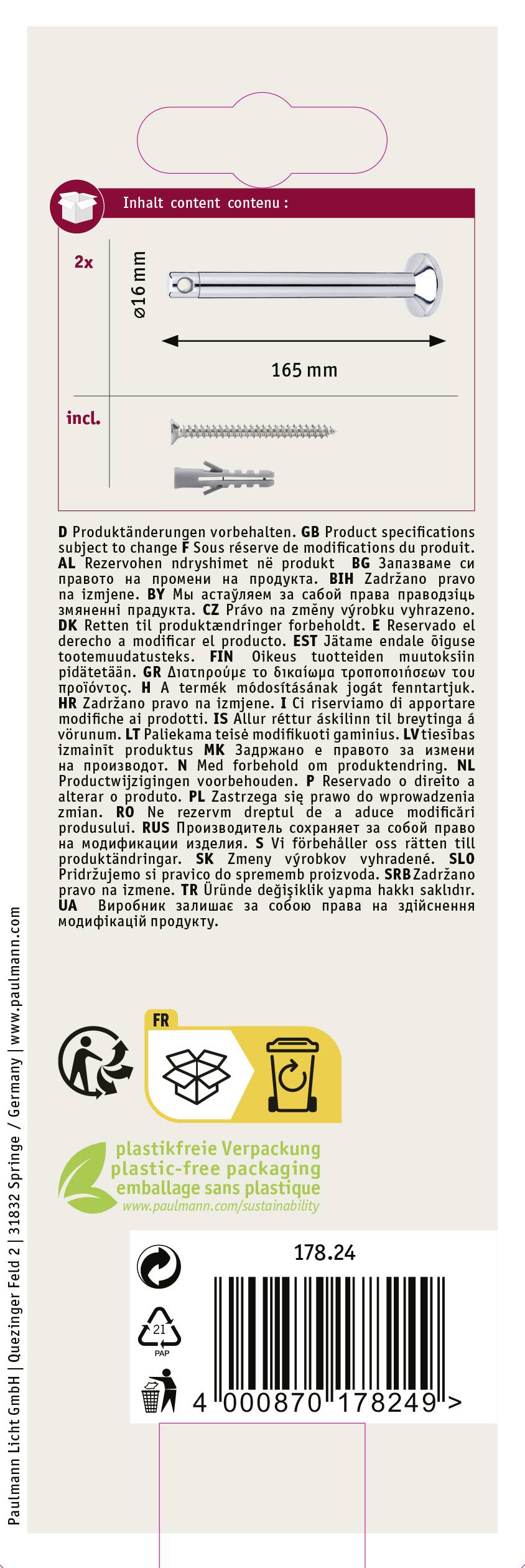 '9 produktových řešení', sada šroubů a hmoždinek, 8 x 165 mm. Balení bez plastů, recyklovatelné. Vícejazyčné produktové specifikace.