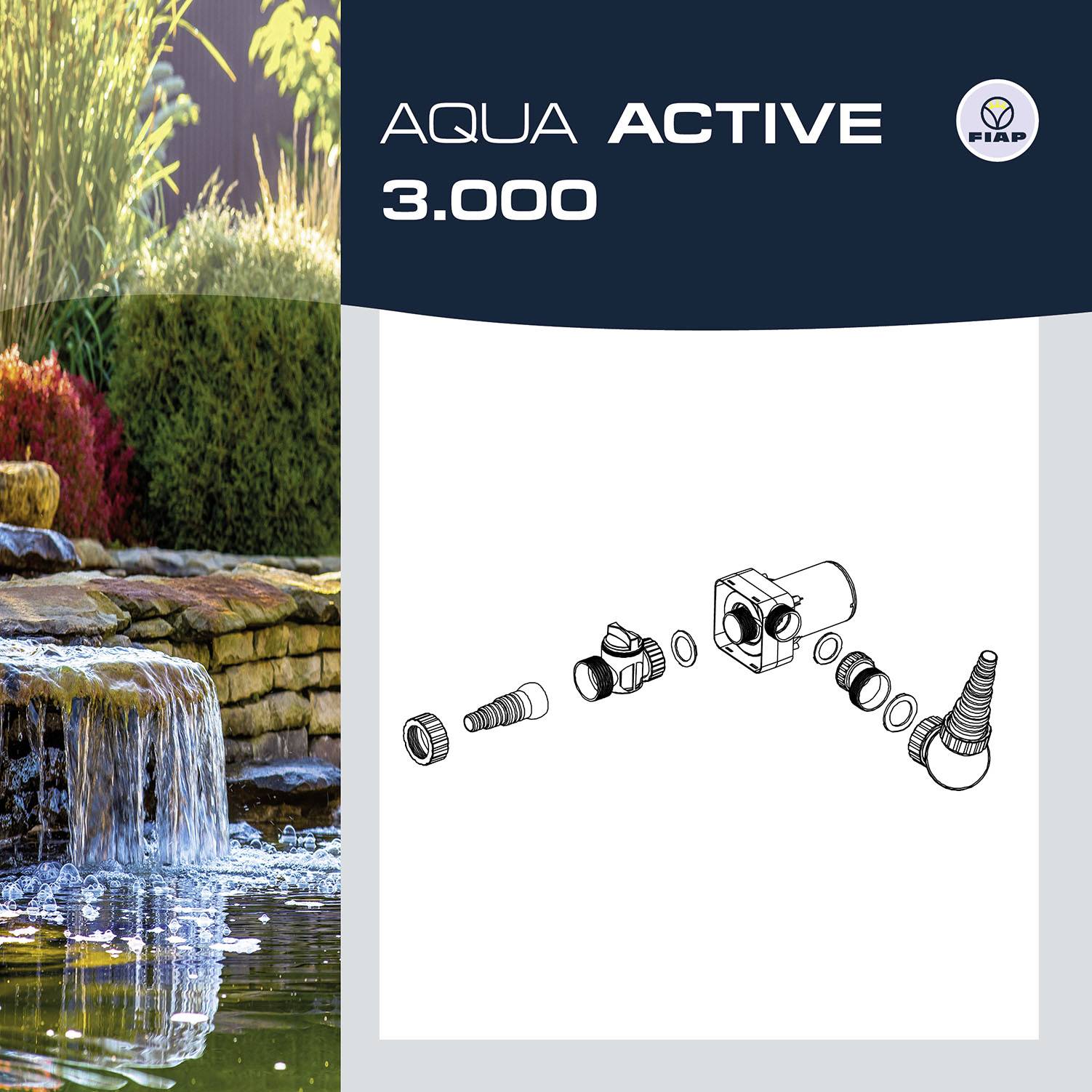 Vodopád v zahradě s rostlinami v pozadí. Vpravo technické výkresy a logo FIAP s textem: AQUA ACTIVE 3.000.