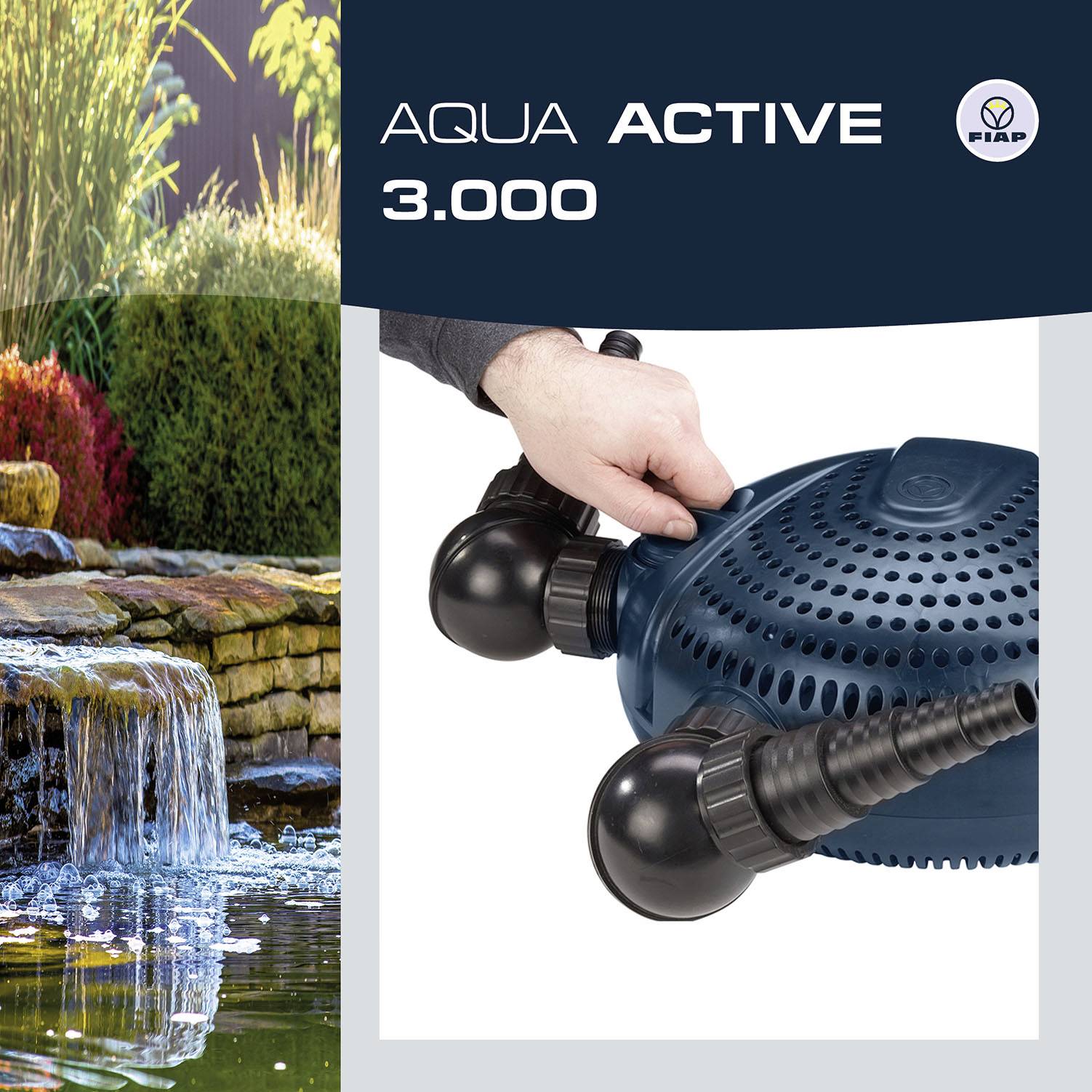 Čerpadlo 'FIAP Aqua Active 3.000' umístěné vedle dekorativního vodopádu.