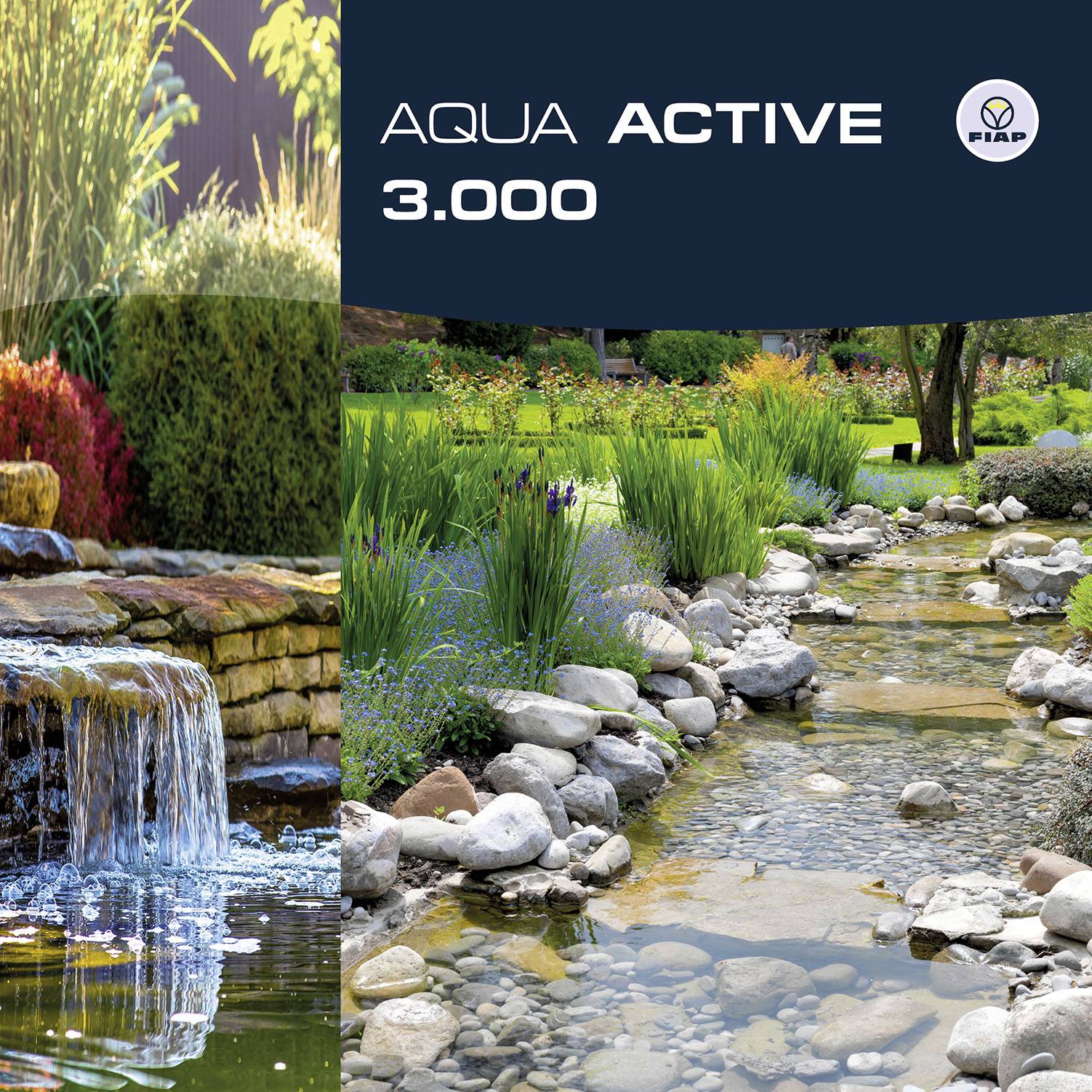Barevná reklamní grafika zobrazuje tekoucí potok v zahradě s zelenými rostlinami a kameny. Nahoře je text 'AQUA ACTIVE 3.000'.