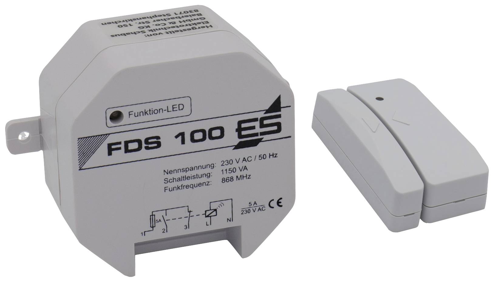 Rádiový spínací systém skládající se z přijímače 'FDS 100 ES' a rádiového spínače. Přijímač s technickými specifikacemi.
