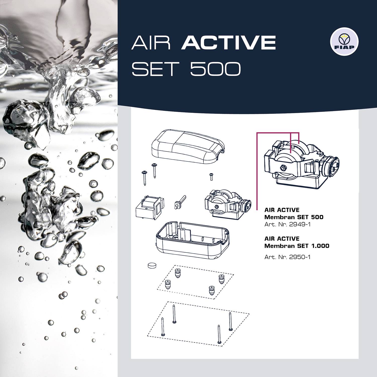 Diagram 'Air Active Set 500' zobrazuje díly pro membránovou trysku. Výkresy komponent s čísly artiklu a rozloženým pohledem.