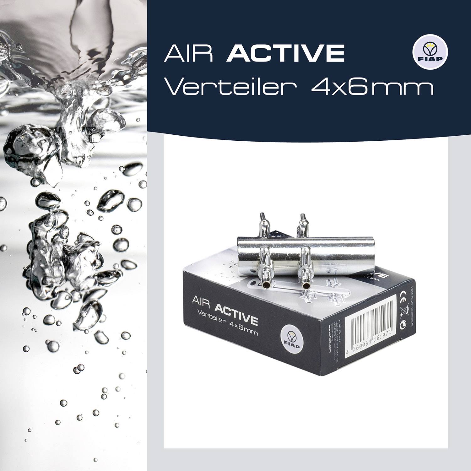 Obrázek vodních bublin a stříbrného vzduchového rozdělovače na obalu s nápisem: AIR ACTIVE Rozdělovač 4x6mm.