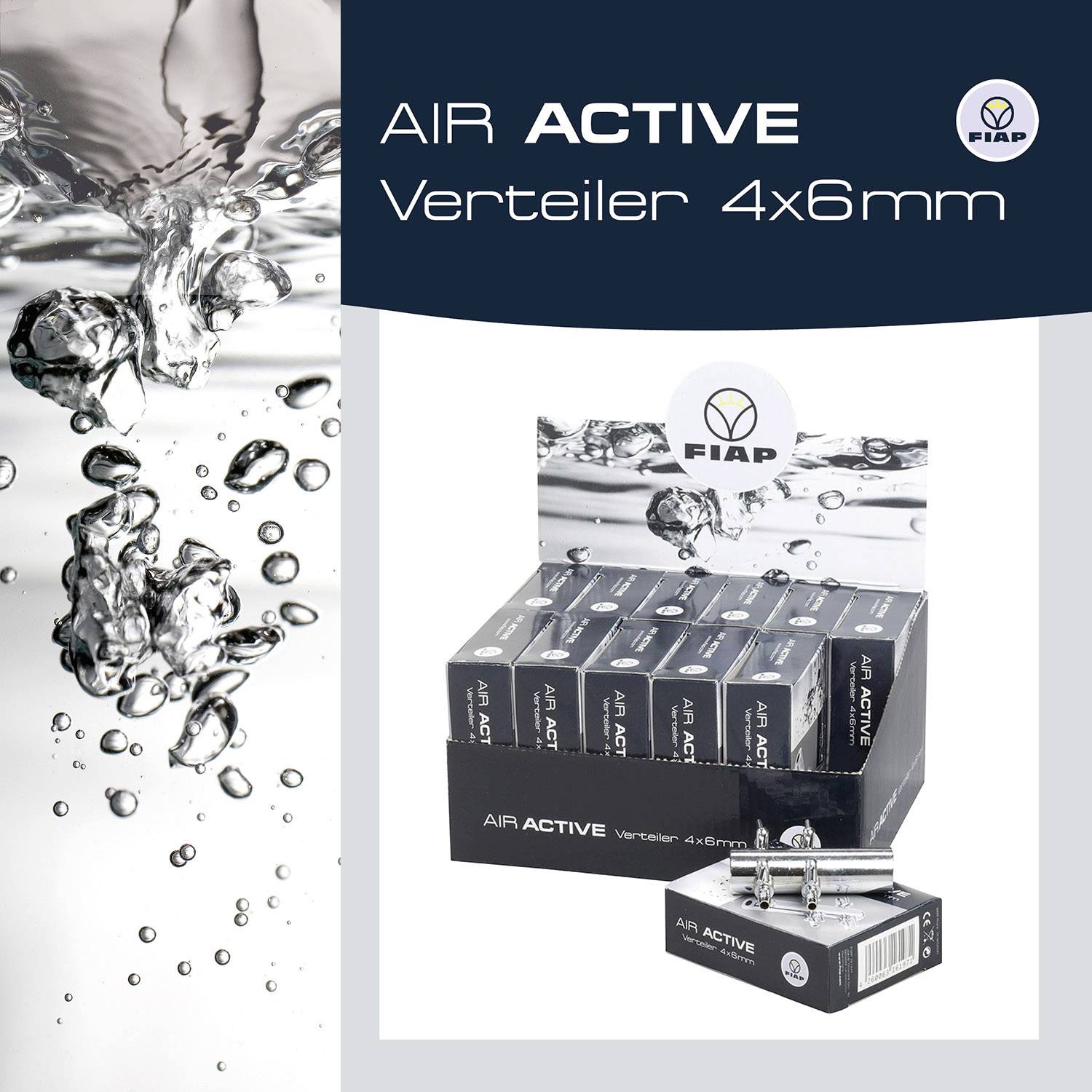 'FIAP AIR ACTIVE Rozdělovač 4x6mm' balení před šumícím vodním pozadím. Produkt prezentuje ekologické řešení.
