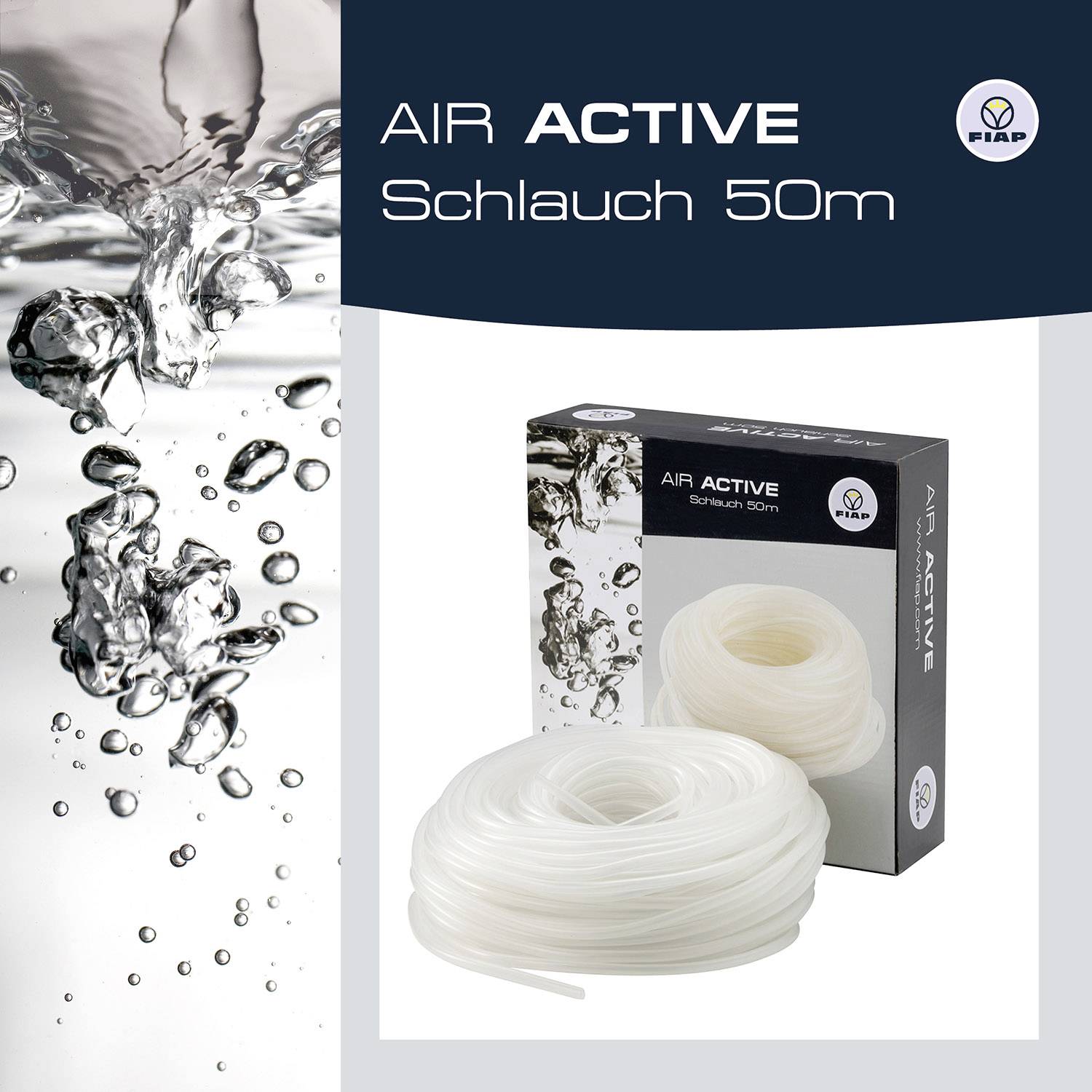 Produktový obal 'Air Active Hadice 50m' s vyobrazením průhledné hadice a stříkající vody v pozadí.