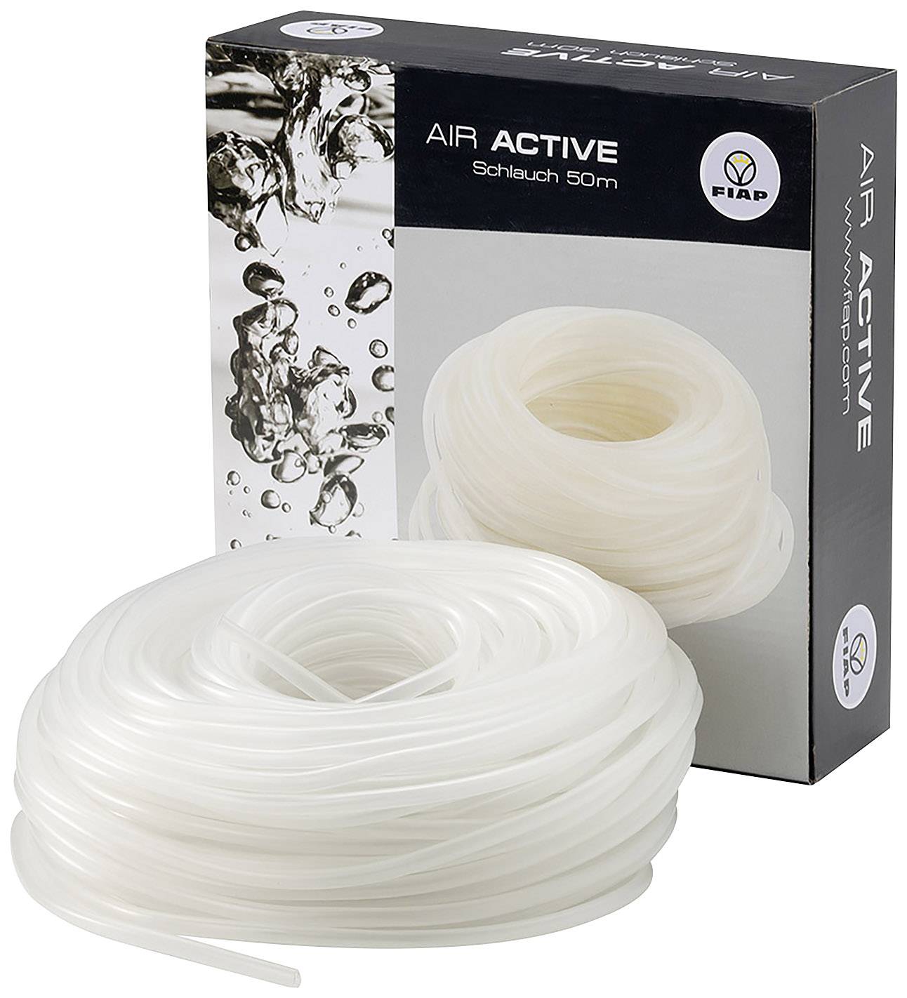 Balení FIAP Air Active hadice 50m s průhlednou hadicí a motivem vodních bublin na krabičce.