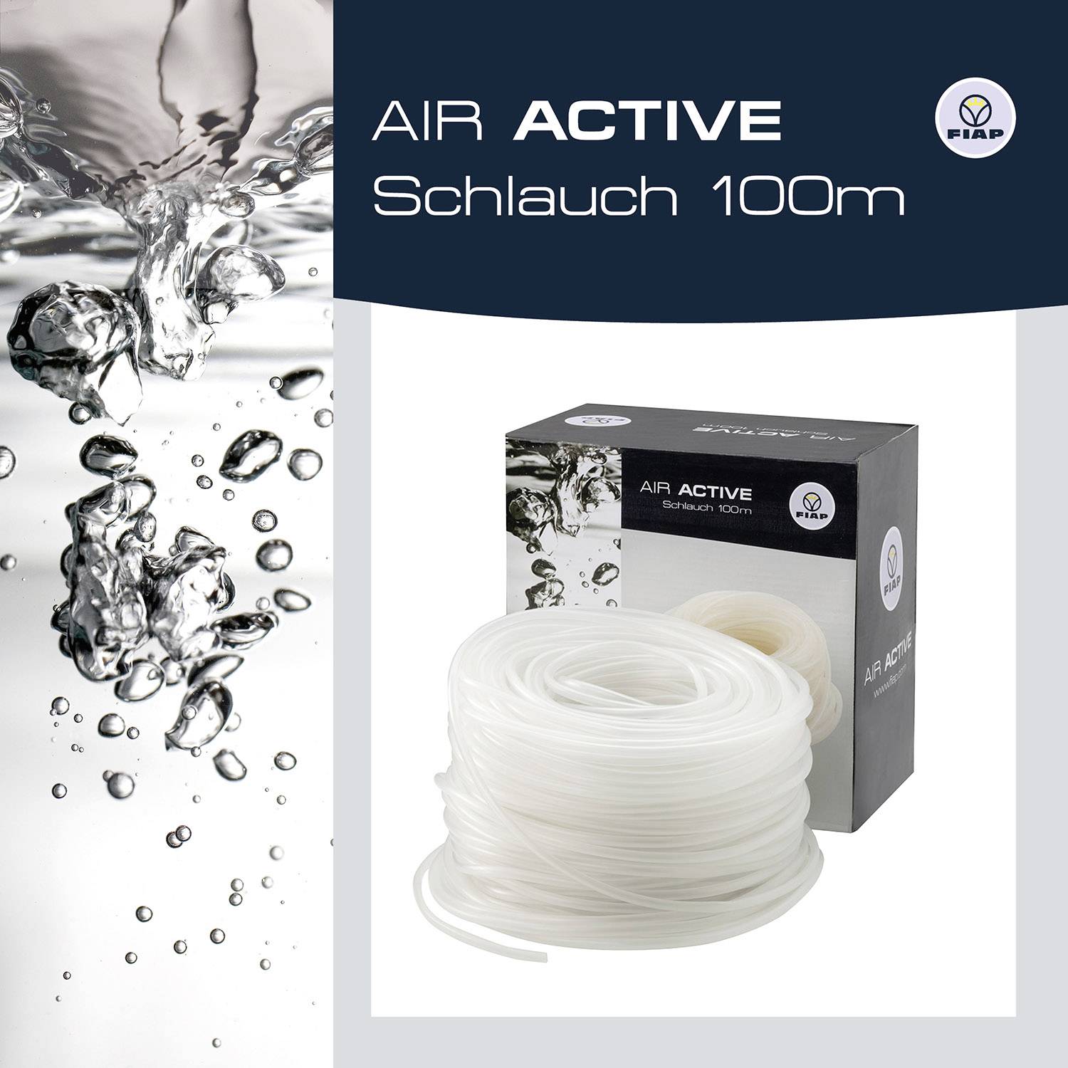 Obrázek 'FIAP AIR ACTIVE Hadice 100m' zobrazuje roli průhledné hadice před šedým obalem. Vlevo je znázorněna tryskající voda.