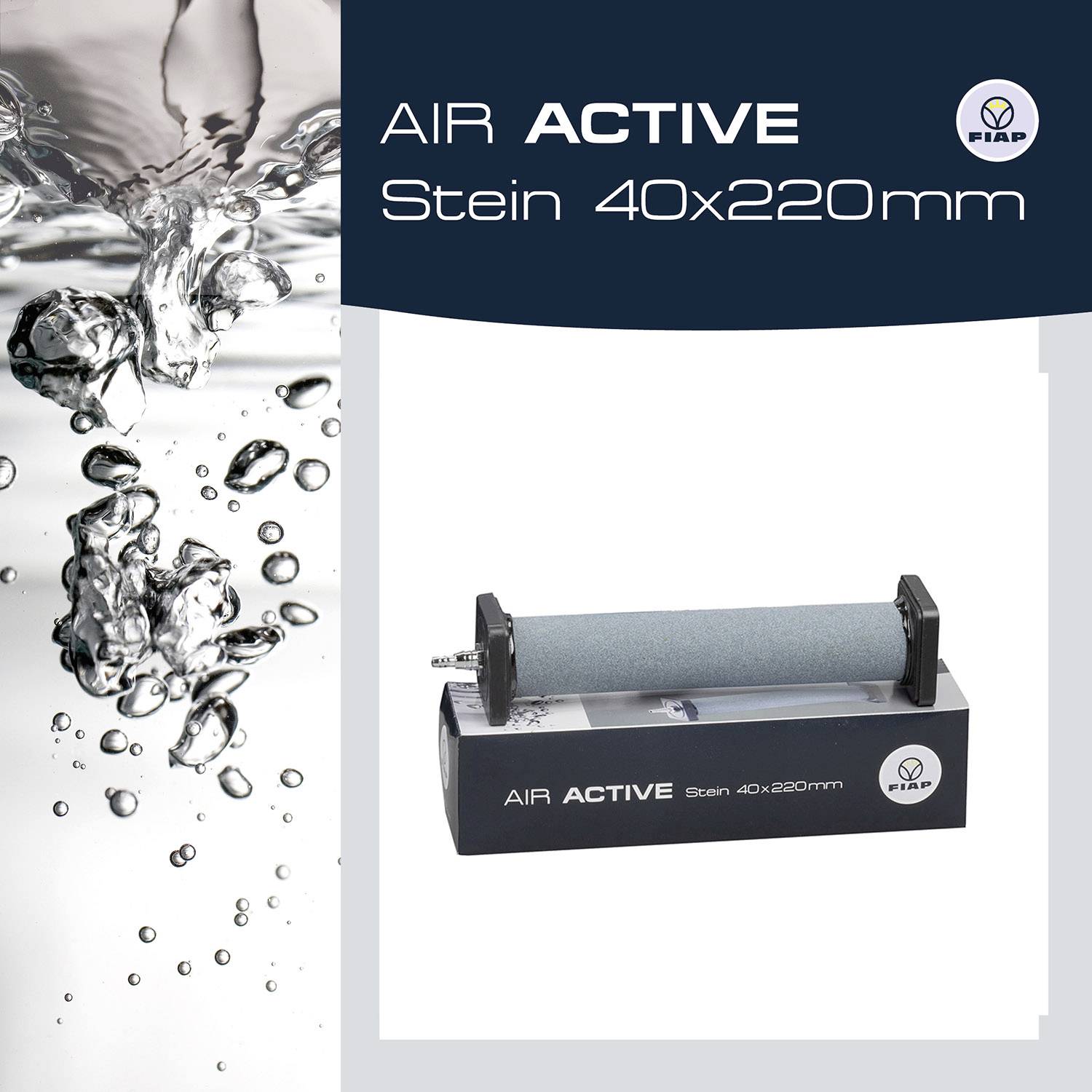 Reklama na FIAP AIR ACTIVE Stein 40x220mm. Vlevo šumící voda, vpravo zobrazení produktu - kamene s držákem.