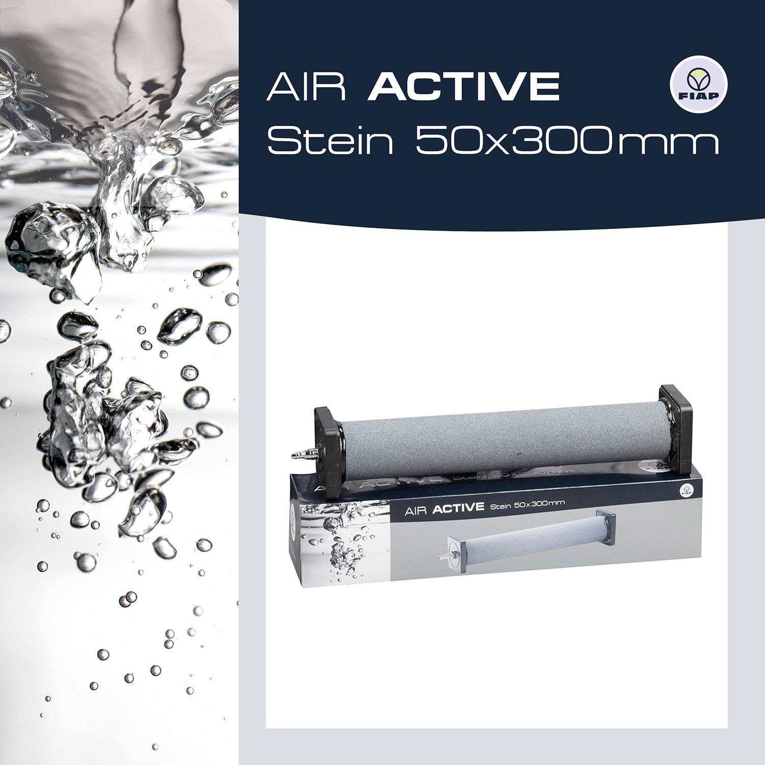 Produktová fotografie kamene 'AIR ACTIVE' o rozměrech 50x300 mm v obalu. Vlevo detail vodních kapek a vpravo logo RIP.