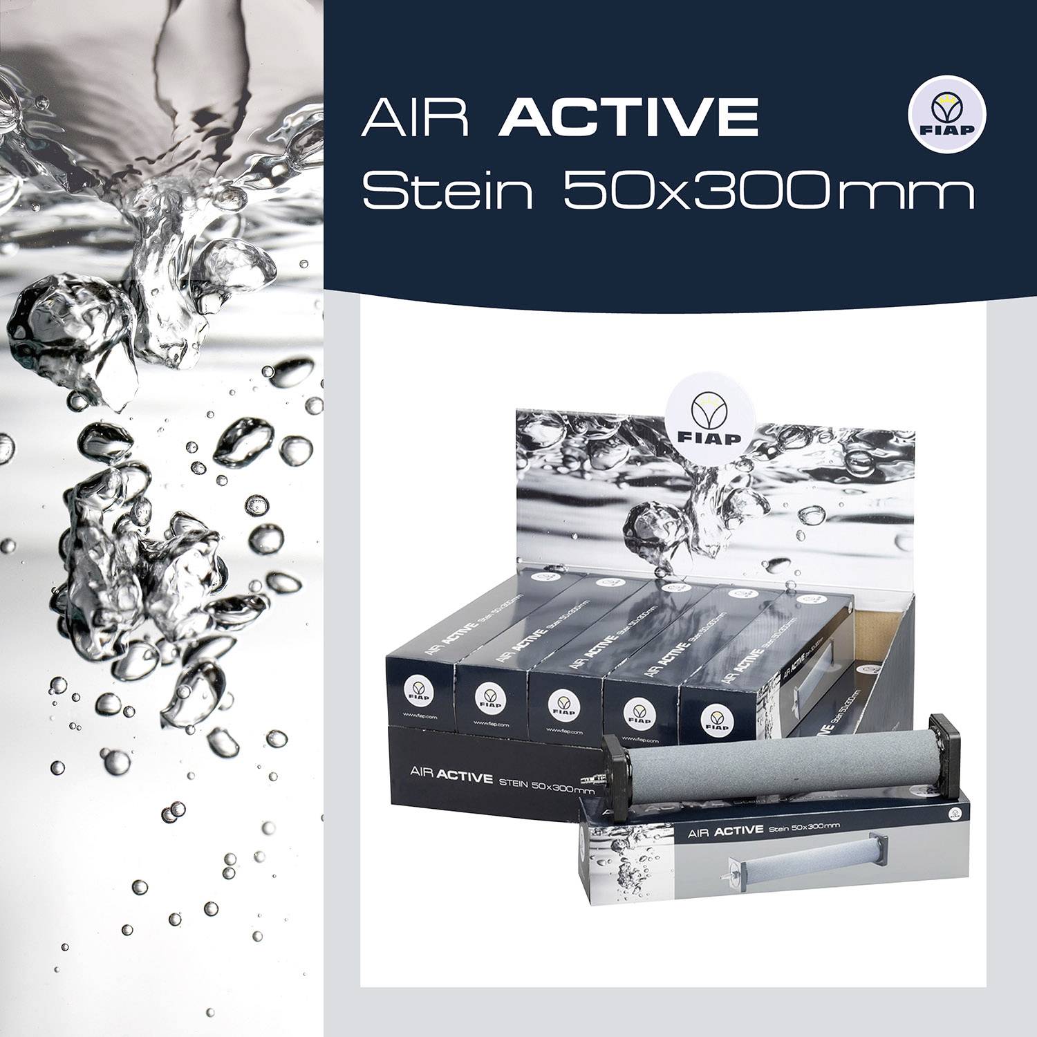FIAP AIR ACTIVE Kámen 50x300mm. Voda se pění kolem kamene. Obal ukazuje vyobrazení produktu.