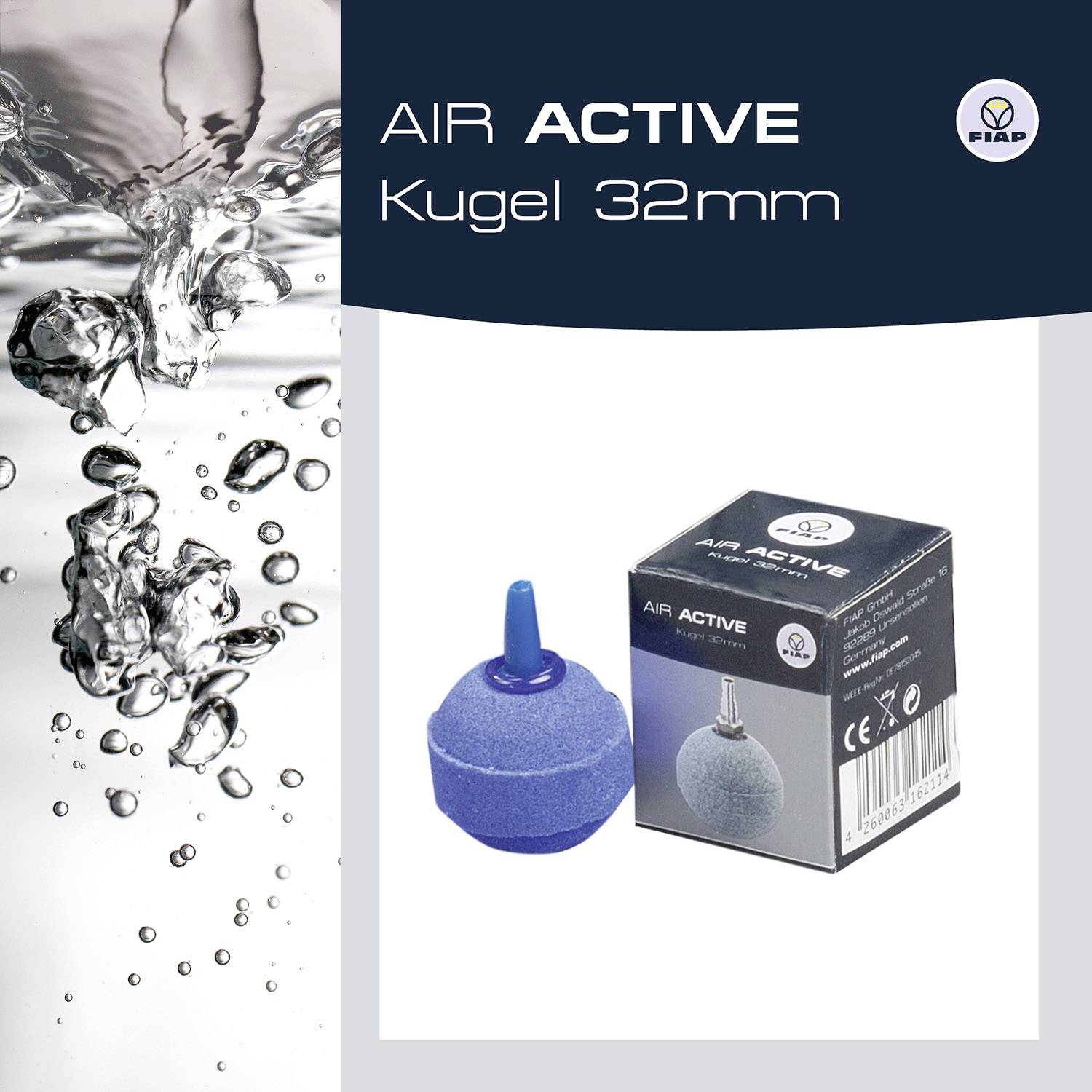 Vzduchový perlivý kámen 'Air Active Koule 32mm' pro akvária, zobrazuje modrý kámen vedle obalu. Logo nahoře vpravo.