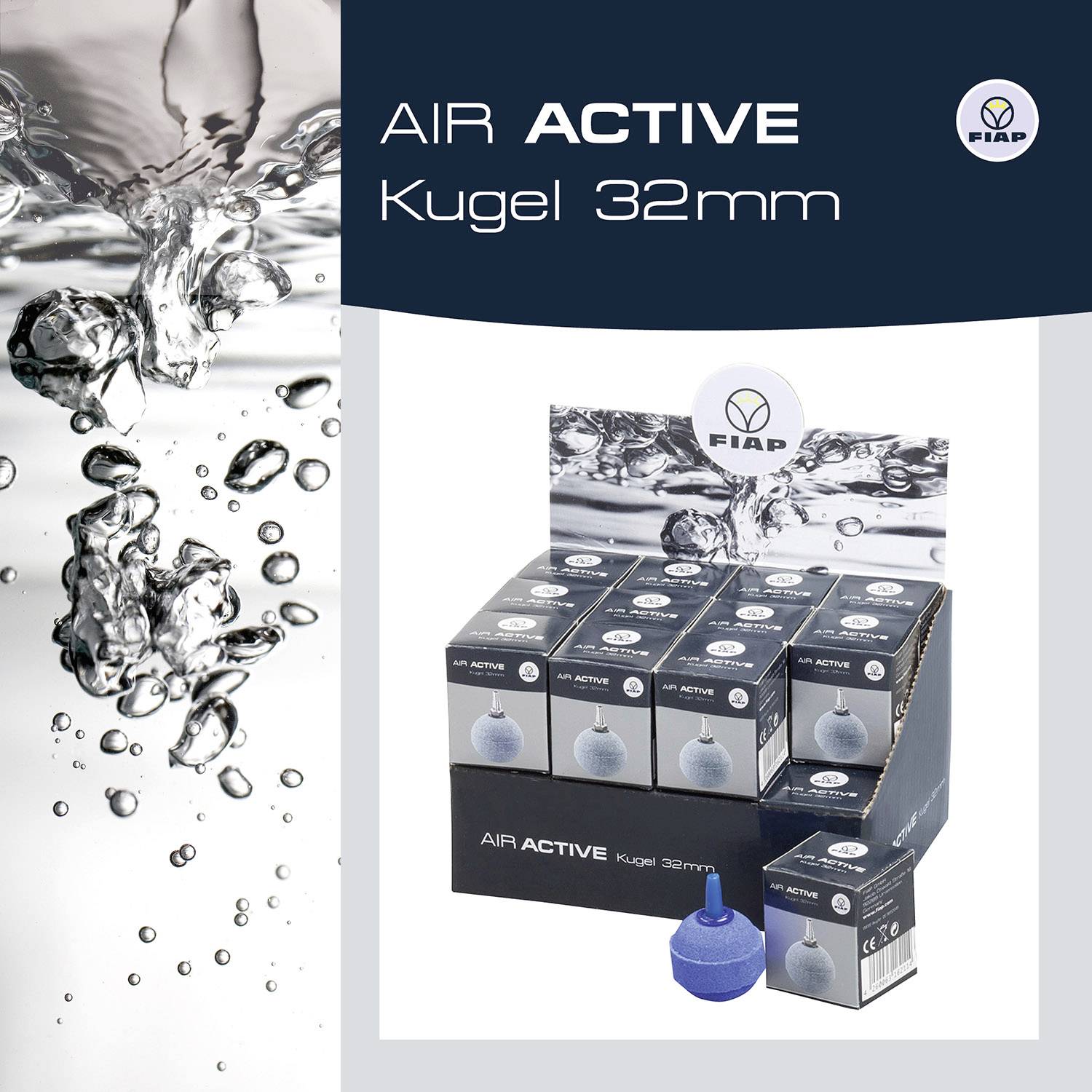 Obal 'FIAP Air Active Kugel 32mm' s modrou kuličkou vedle šumícího vodního pozadí.
