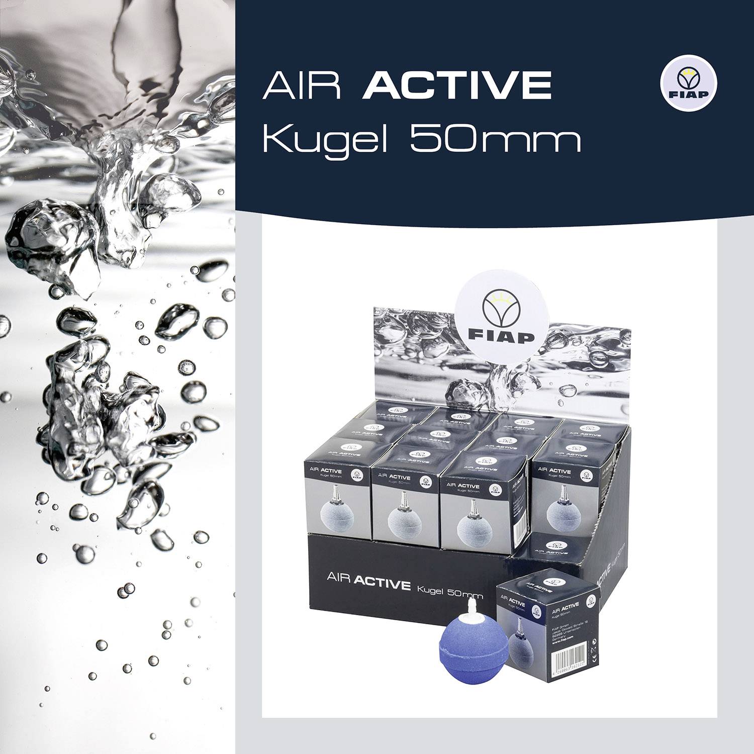 Prezentace produktu 'Air Active Kugel 50mm' s šesti balením a modrou koulí, název značky FIAP v horním pravém rohu.
