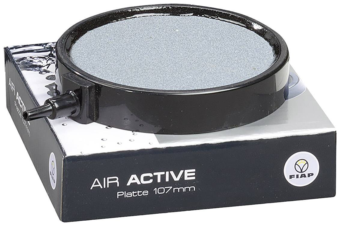 Kulatá černá vzduchová deska značky FIAP s modrým kamenem, umístěná na obalu s nápisem 'AIR ACTIVE Plaketa 107 mm'.