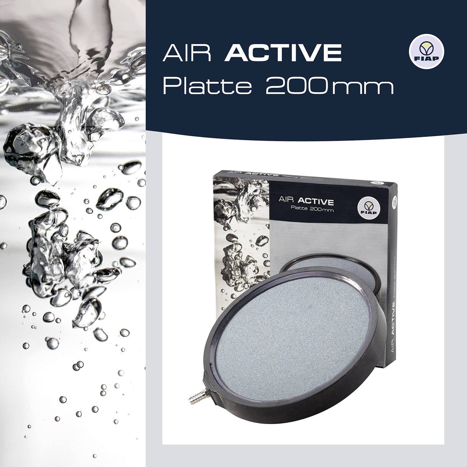 Produktové zobrazení FIAP AIR ACTIVE desky 200mm. Ukazuje kulatou modrou vzduchovou pumpu a obal s vodními bublinkami v pozadí.