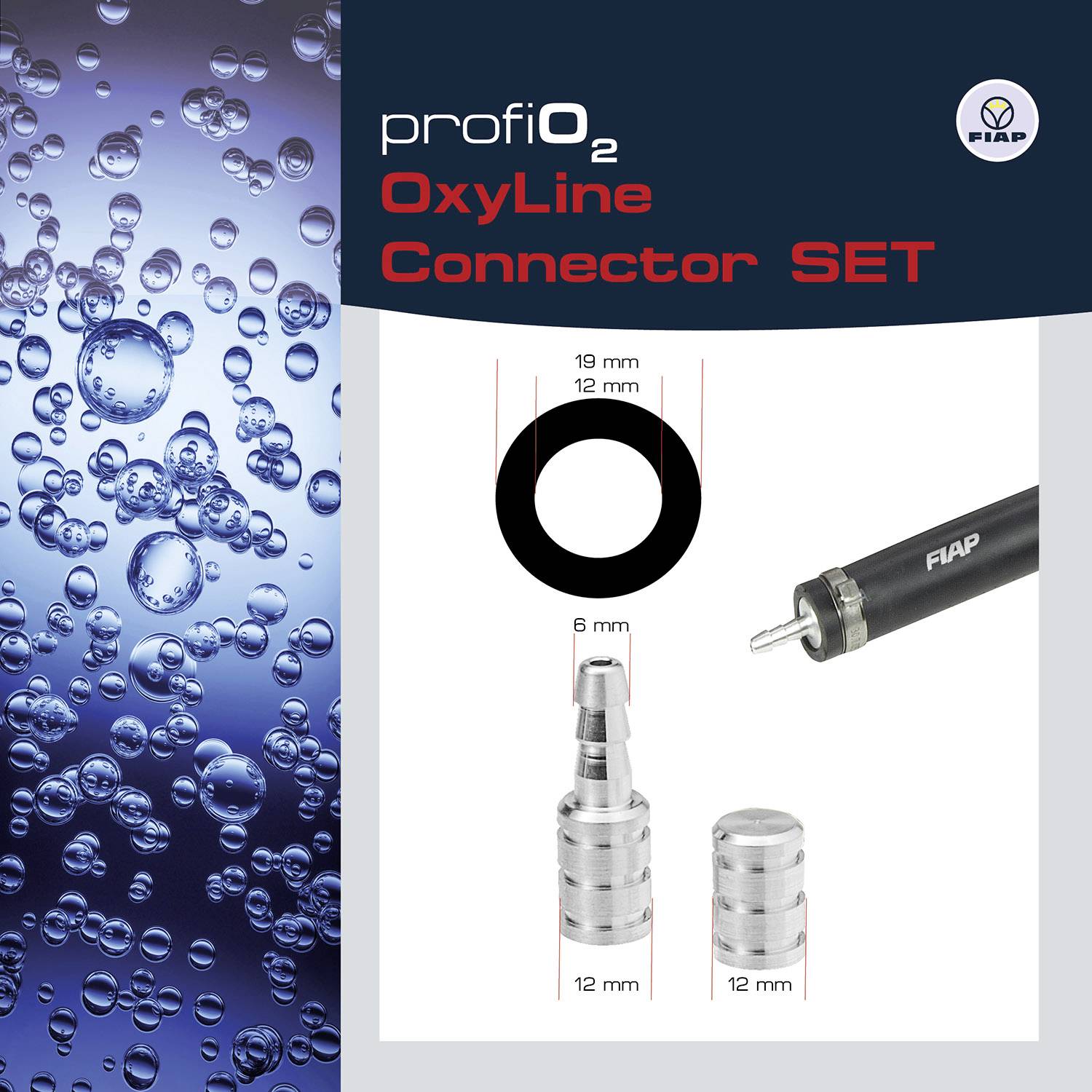 Sada konektorů ProfiO2 OxyLine (s dvěma konektory 12 mm a 6 mm) a černou hadicí ukazuje systém pro kyslíkové připojení.