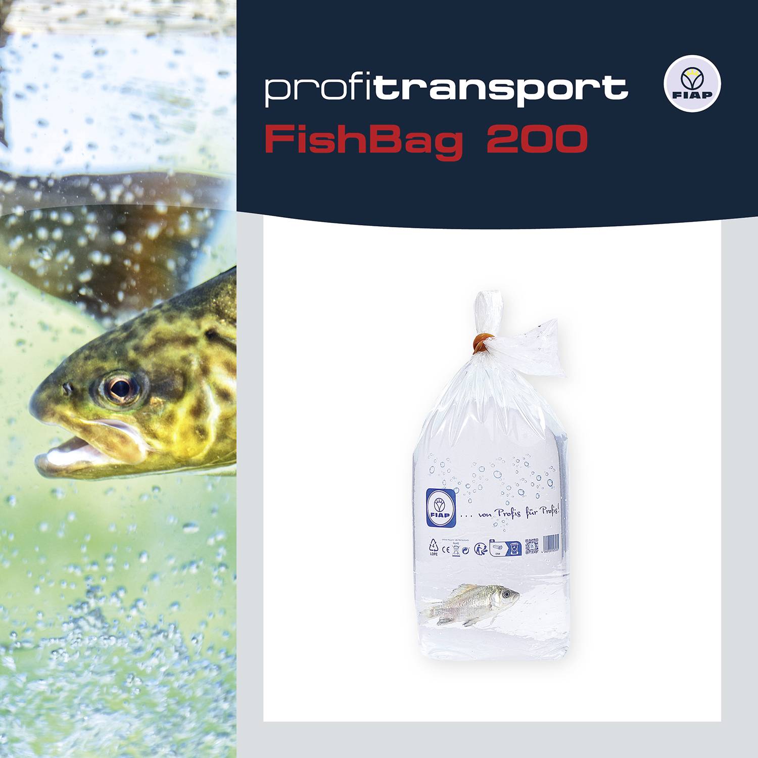 Obrázek zobrazuje produkt s názvem 'FishBag 200' od společnosti Profitransport, určený pro bezpečnou přepravu ryb.