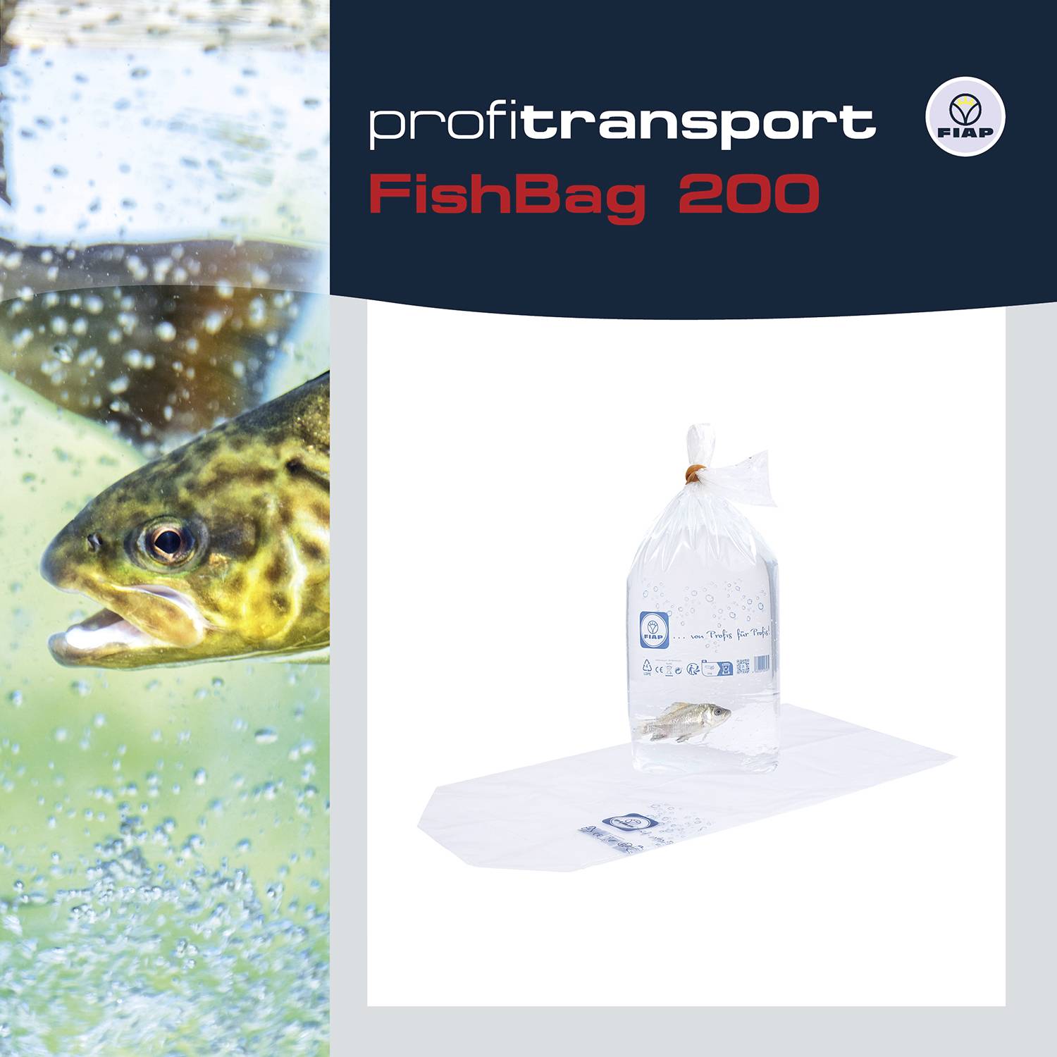 Ryba plave ve vodě. Vpravo od ryby je zobrazen produktový obrázek 'FishBag 200' od značky FIAP.