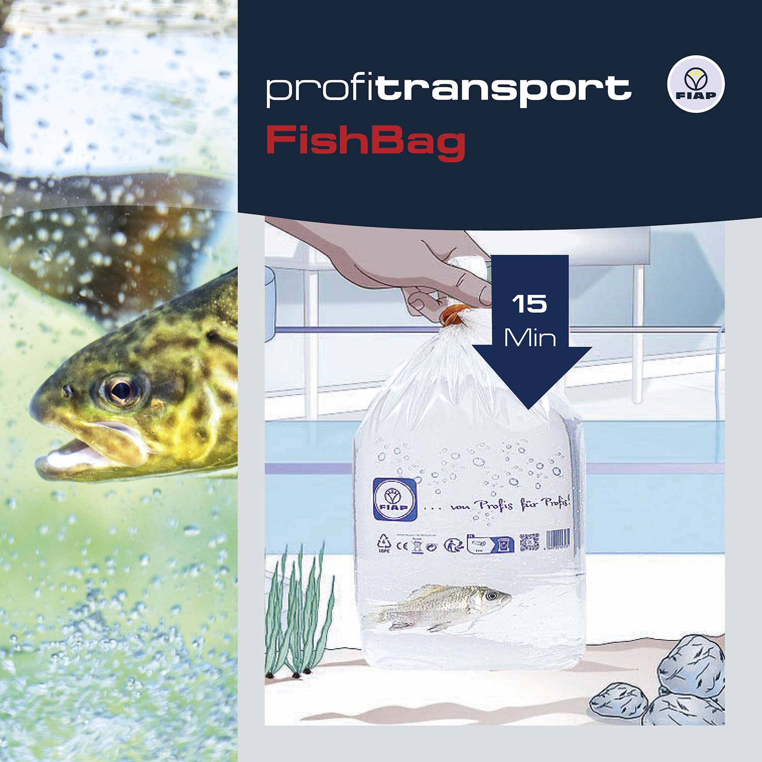 Ilustrace ryby v akváriu a přepravy ryb v plastových sáčcích s nápisem 'FishBag'. Doba přepravy: 15 min.