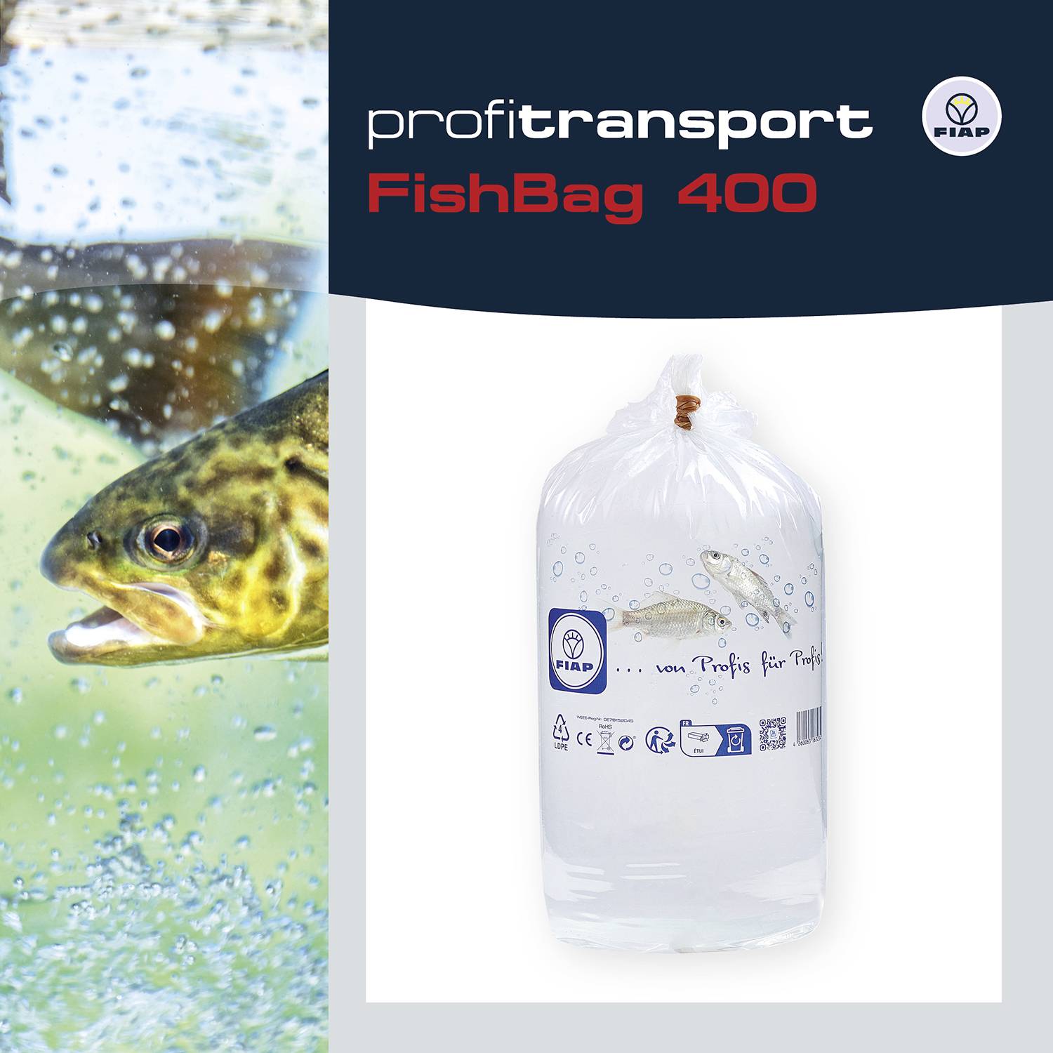 Akvárium s rybou, vedle průhledný, naplněný sáček s obrázkem ryby a textem "profi transport FishBag 400".