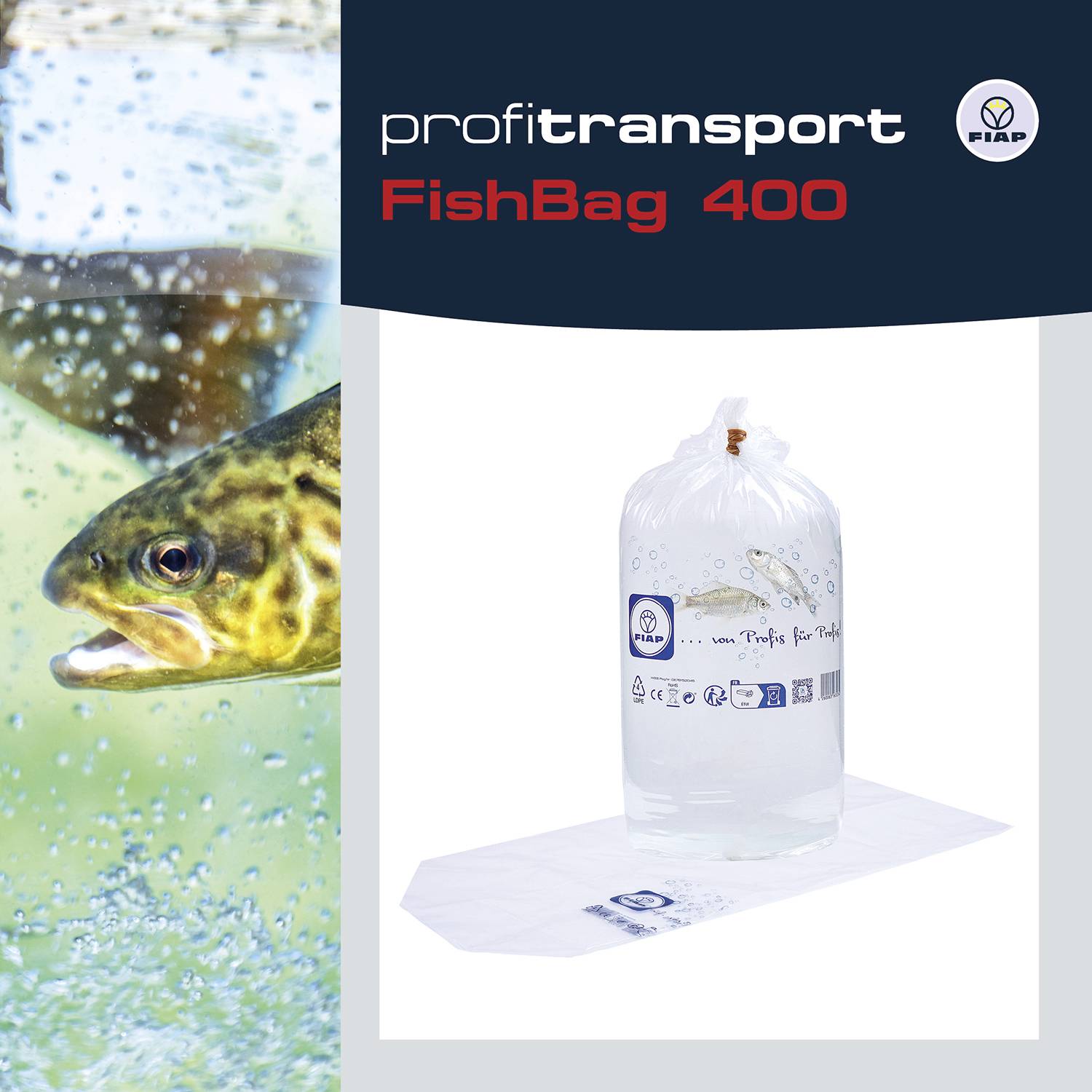 Taška na ryby 'FishBag 400' ukazuje velký plastový sáček naplněný vodou, vhodný pro přepravu ryb, opatřený přepravními a skladovacími pokyny.