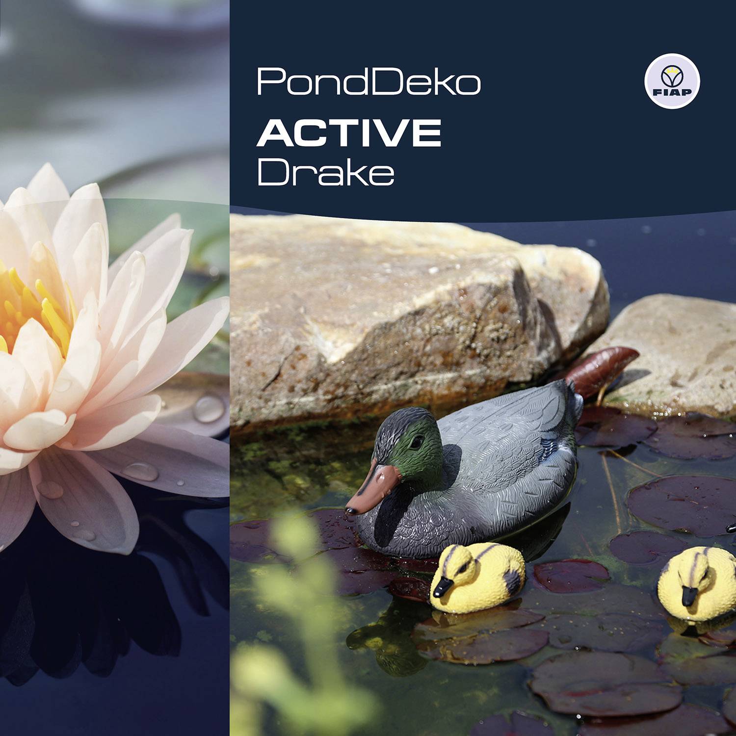 'PondDeko Aktiv' na obalu. Plastová kachna se dvěma káčaty na rybníce, květiny a logo FIBAP jsou viditelné.