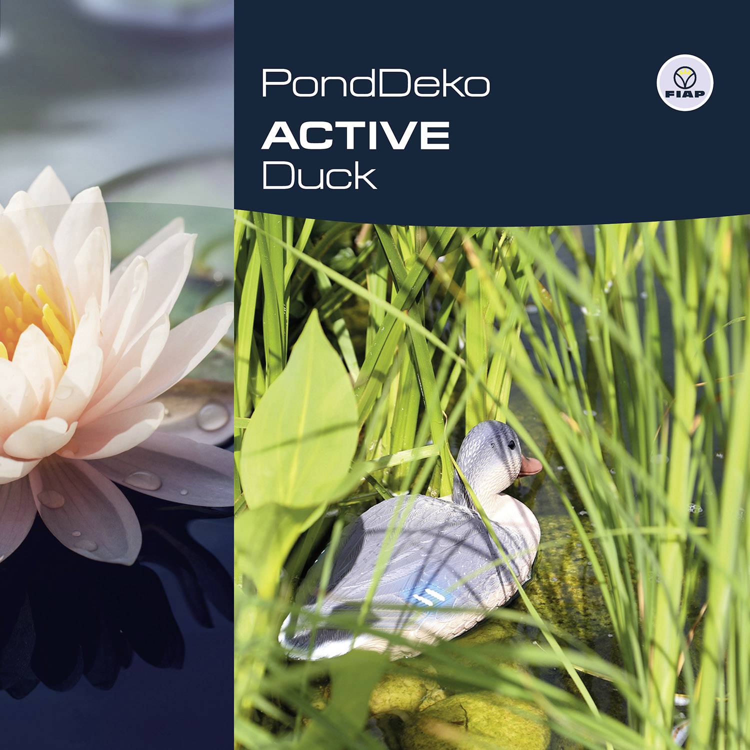 Kvetoucí leknín vlevo, umělá kachna v trávě vpravo, vedle stojí nápis 'PondDeko ACTIVE Duck'.