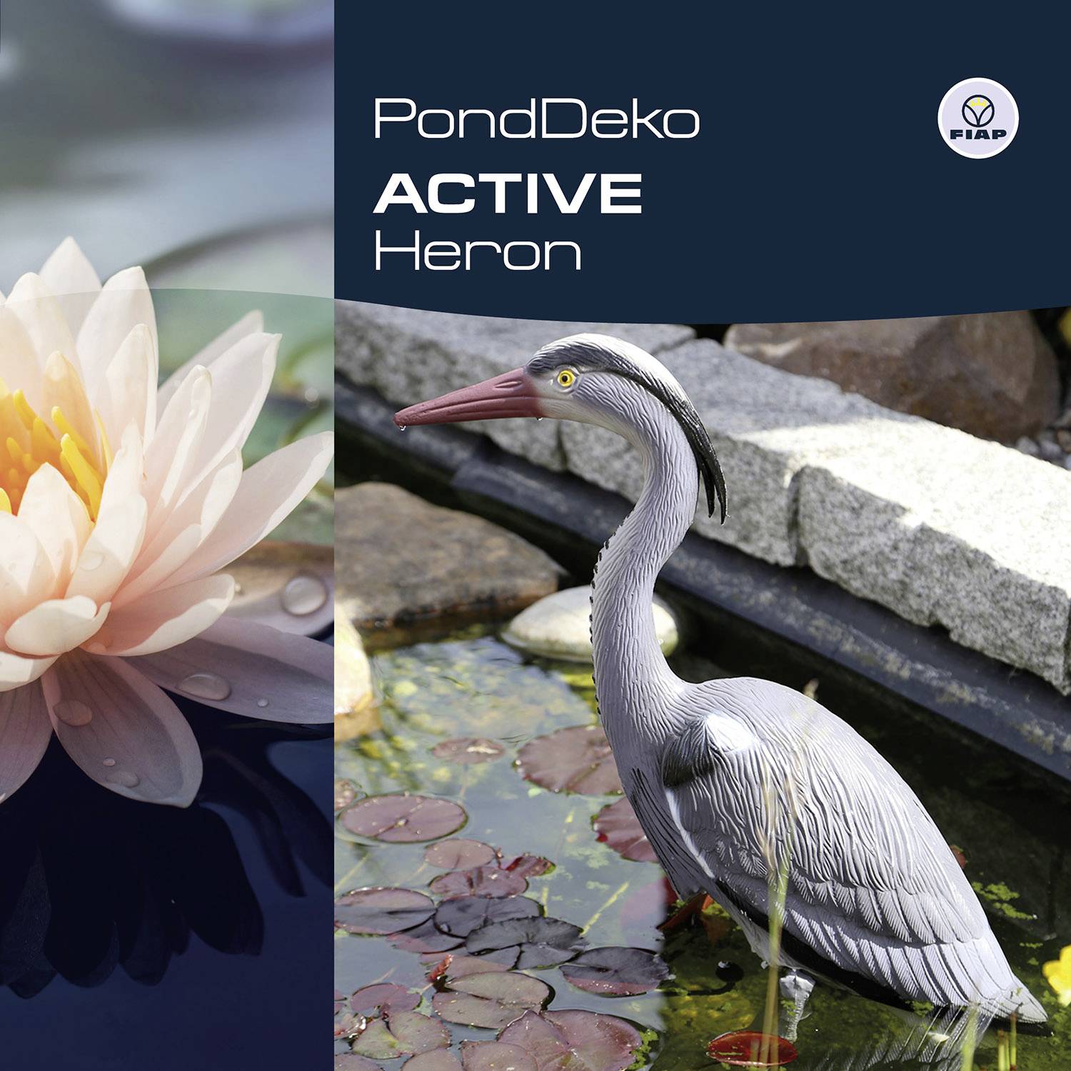 'PondDeko Heron' zobrazuje umělou figurku volavky v zahradě vedle rybníku s velkou květinou v pozadí.