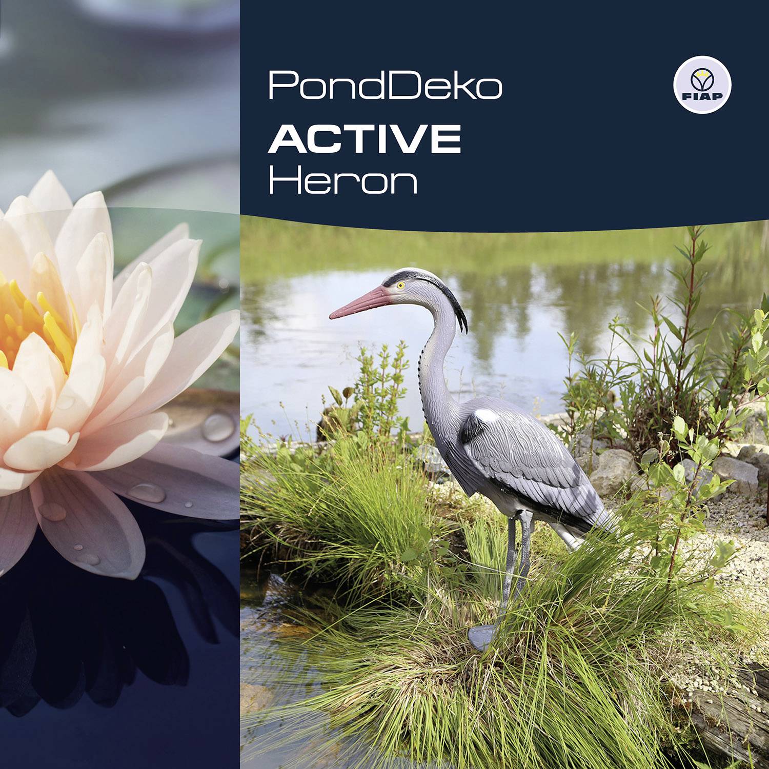 'PondDeko Volavka' - Volavka stojí u rybníka, obklopená rostlinami. Vlevo detail rozkvetlé leknínu.