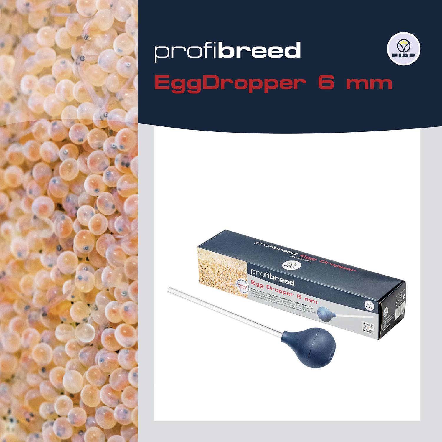 Balení 'profi breed EggDropper 6 mm' s obrázkem rybích vajíček. Obsahuje kapátko pro vajíčka do akvária.