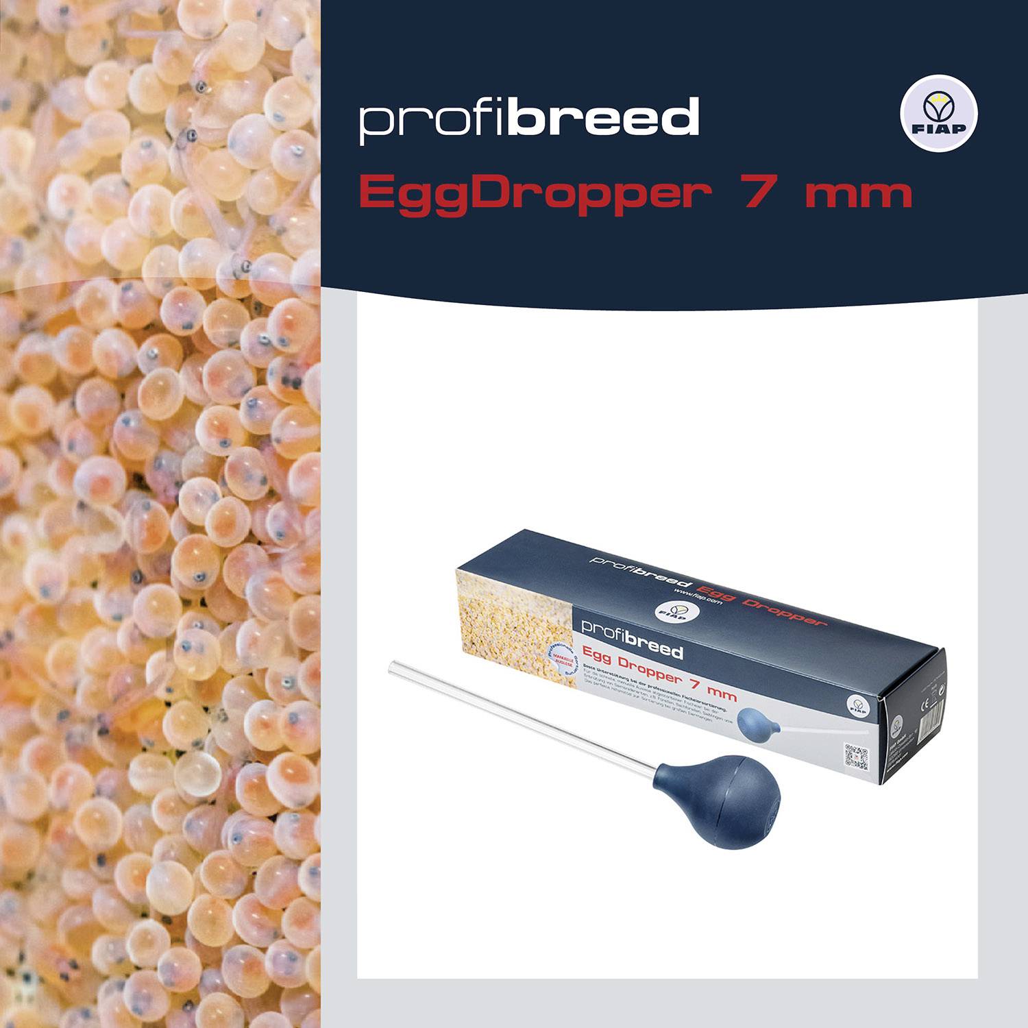 Obrázek ukazuje 'profibreed EggDropper 7 mm' spolu s rybími ikrami. Balení a produkt jsou umístěny vedle sebe.