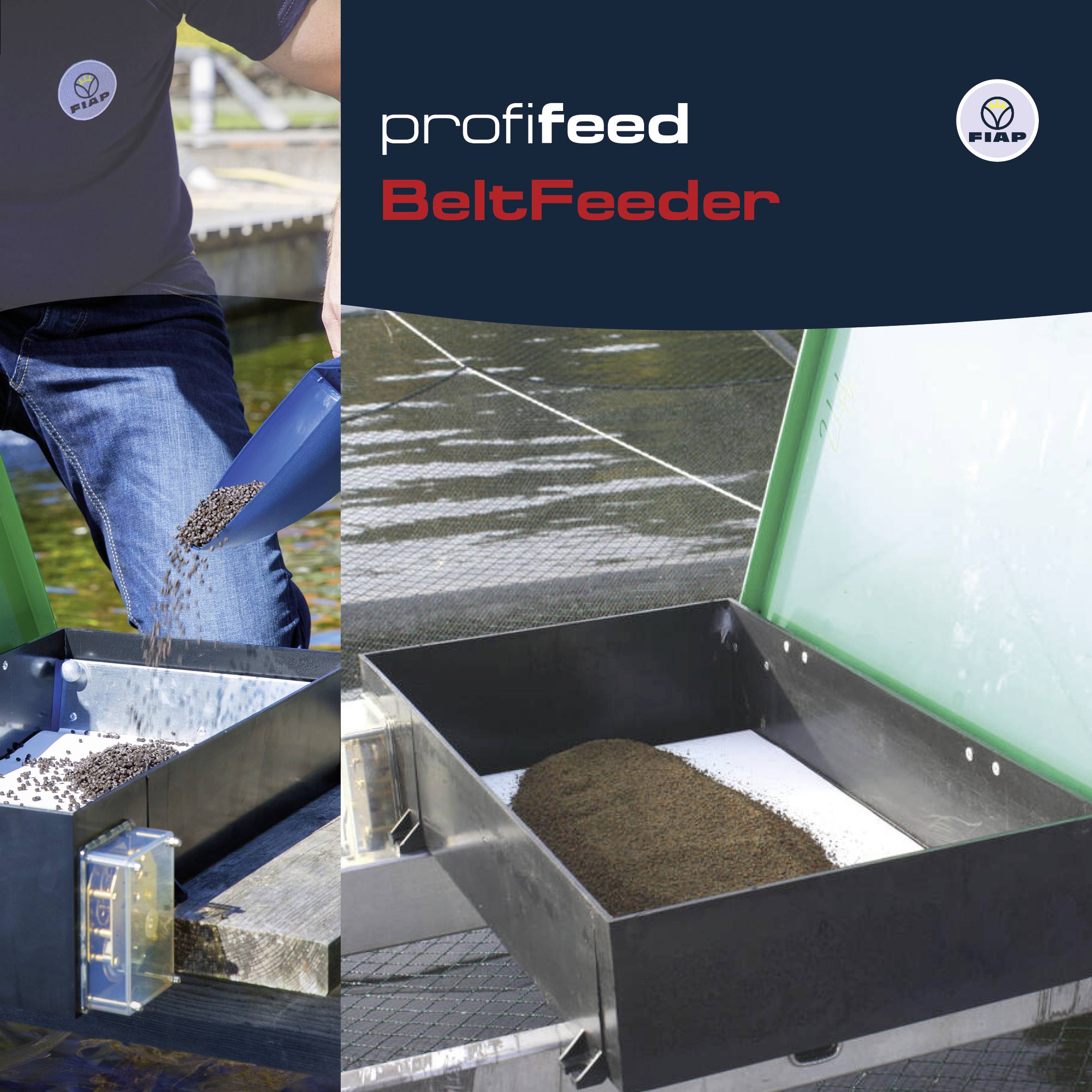 Zařízení, které rozhazuje krmivo na dopravníkový pás, ilustruje funkci 'BeltFeeder' od společnosti profifeed. Muž plní nádobu.
