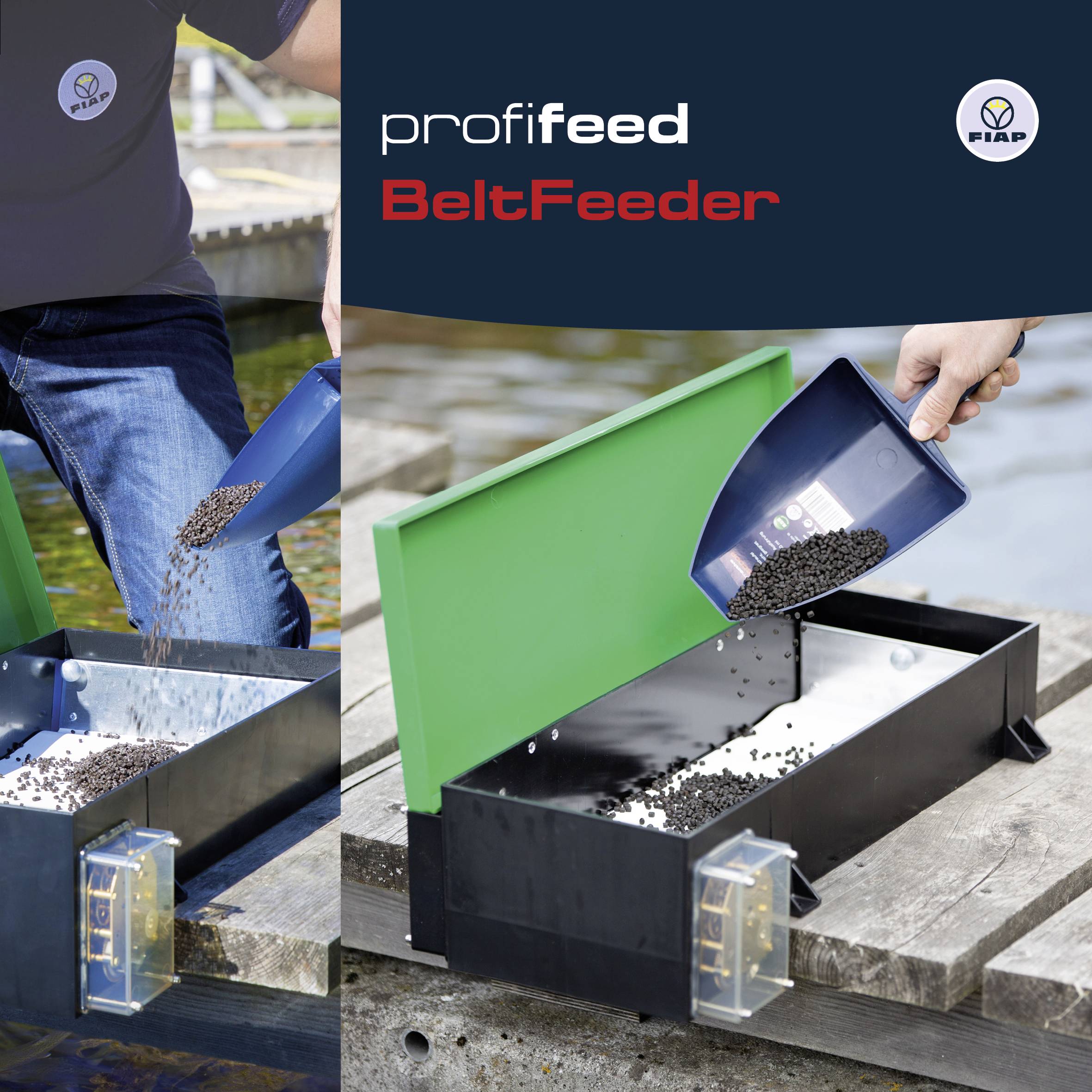 Člověk plní automatizované krmné zařízení krmivovými granulemi. Text na obrázku: 'profifeed BeltFeeder'.