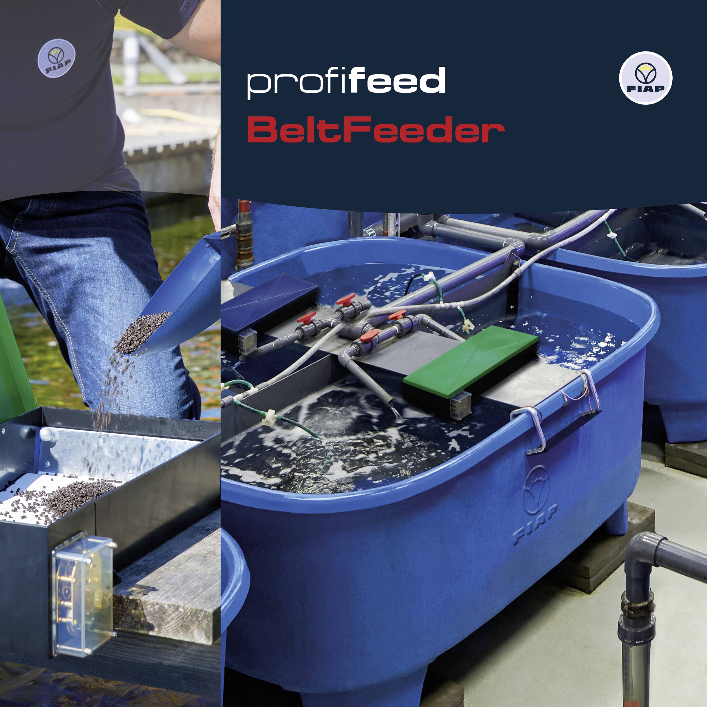 Osoba sype rybí krmivo do zásobníku FIAP BeltFeeder; vlevo je paže; vpravo je v provozu modrý automatický krmič ryb.