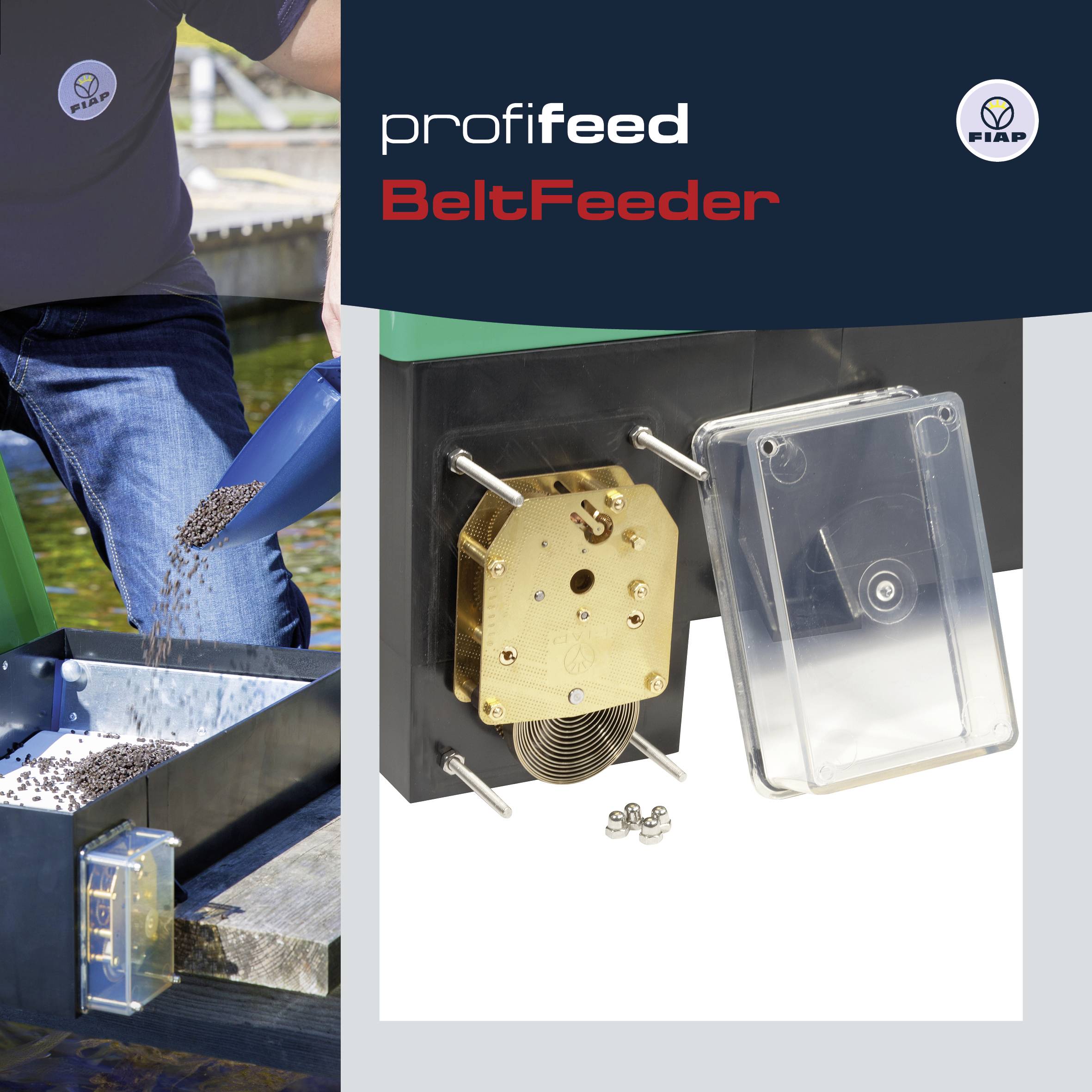 Člověk krmí ryby krmným pásem ProfiFeed BeltFeeder od společnosti FIAP. Detailní záběr krmného mechanismu s odnímatelným krytem.