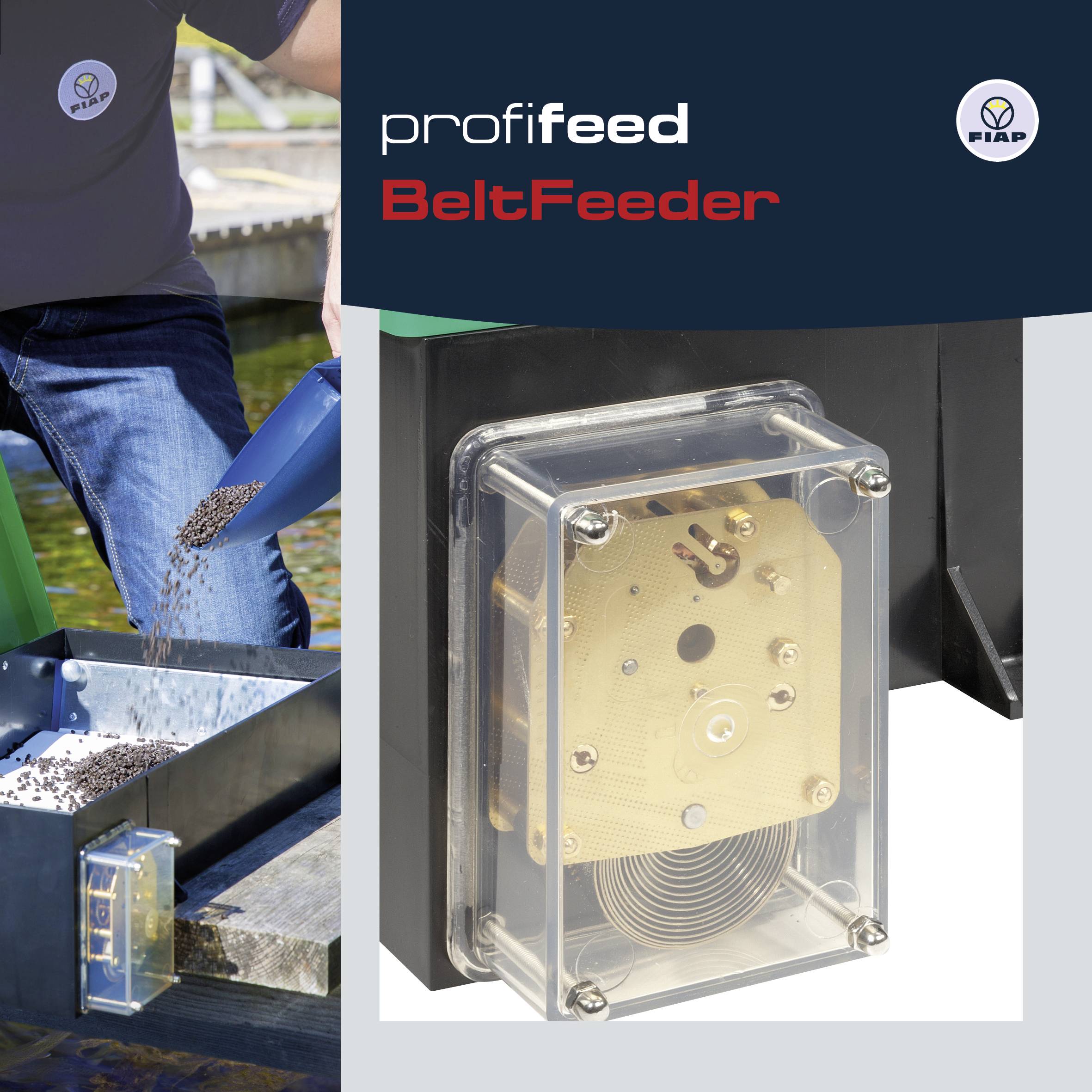 'ProfiFeed BeltFeeder' ilustrace znázorňuje mechanický krmný přístroj s obilím padajícím do obdélníkové nádoby.