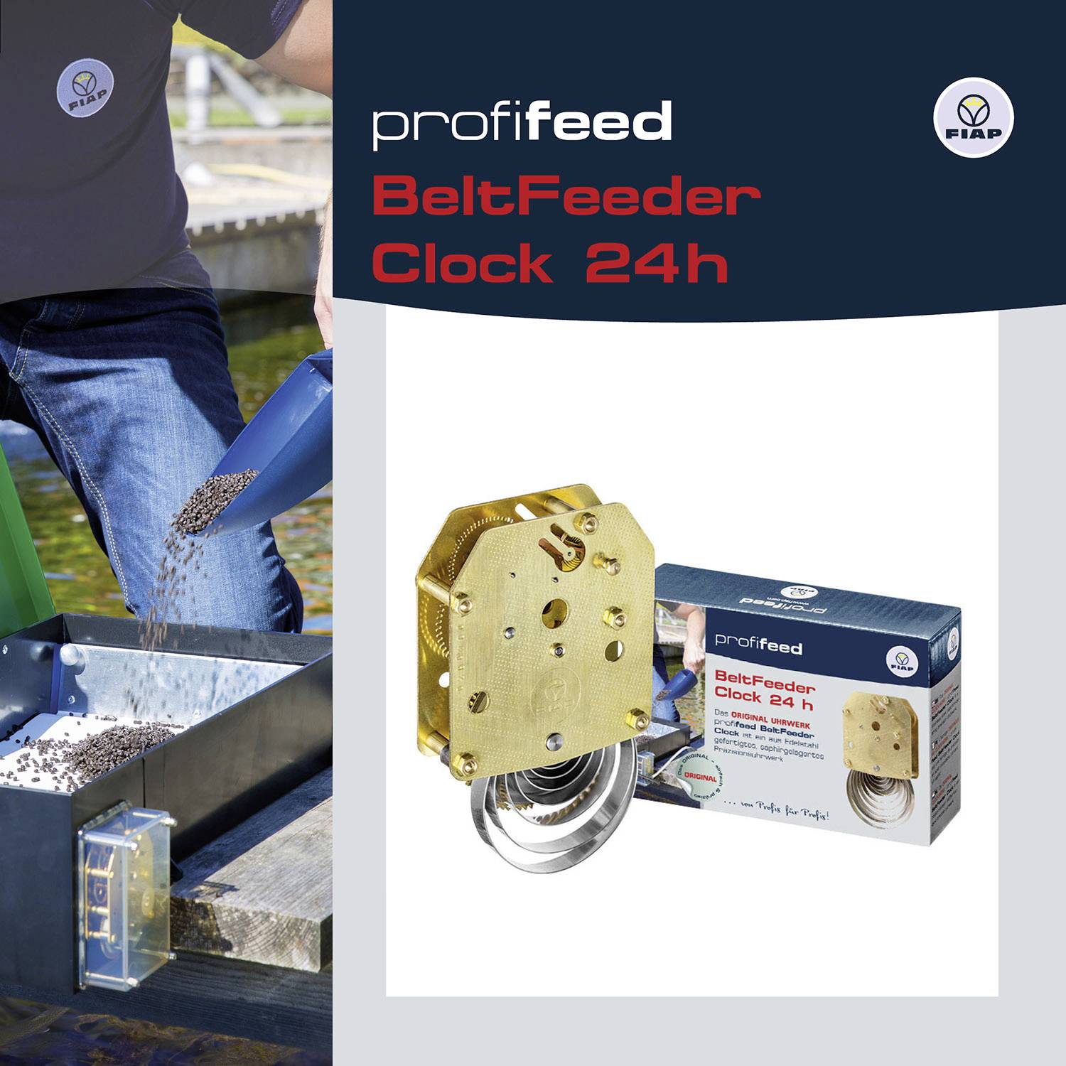 Muž nasypává krmivo do automatického krmítka; produktový snímek ukazuje 'BeltFeeder Clock 24h' s obalem v pozadí.