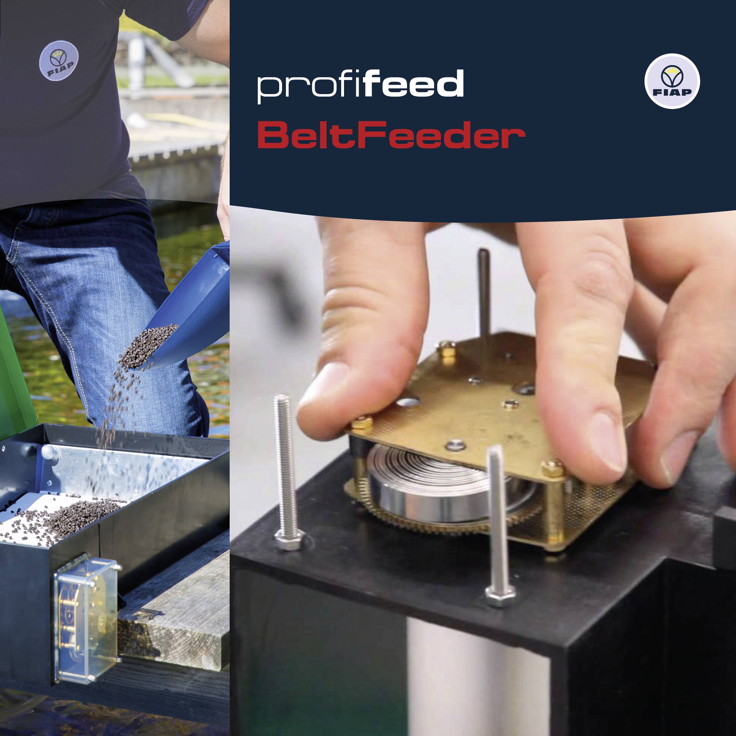 'Profifeed BeltFeeder': Obrázek ukazuje uživatele, který sype pelety do nádoby, a detailní záběr mechanické součásti.